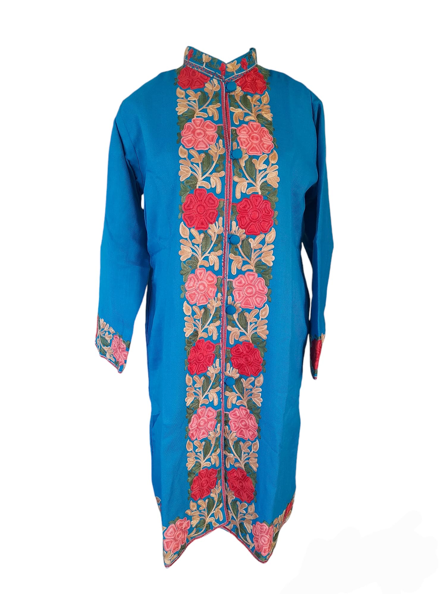 Kashmiri aari embroidery floral design woolen coat with attach lining || Sky Blue color || L: 41" B: 22" Sleeves: 22" || pockets: 2-picture-36