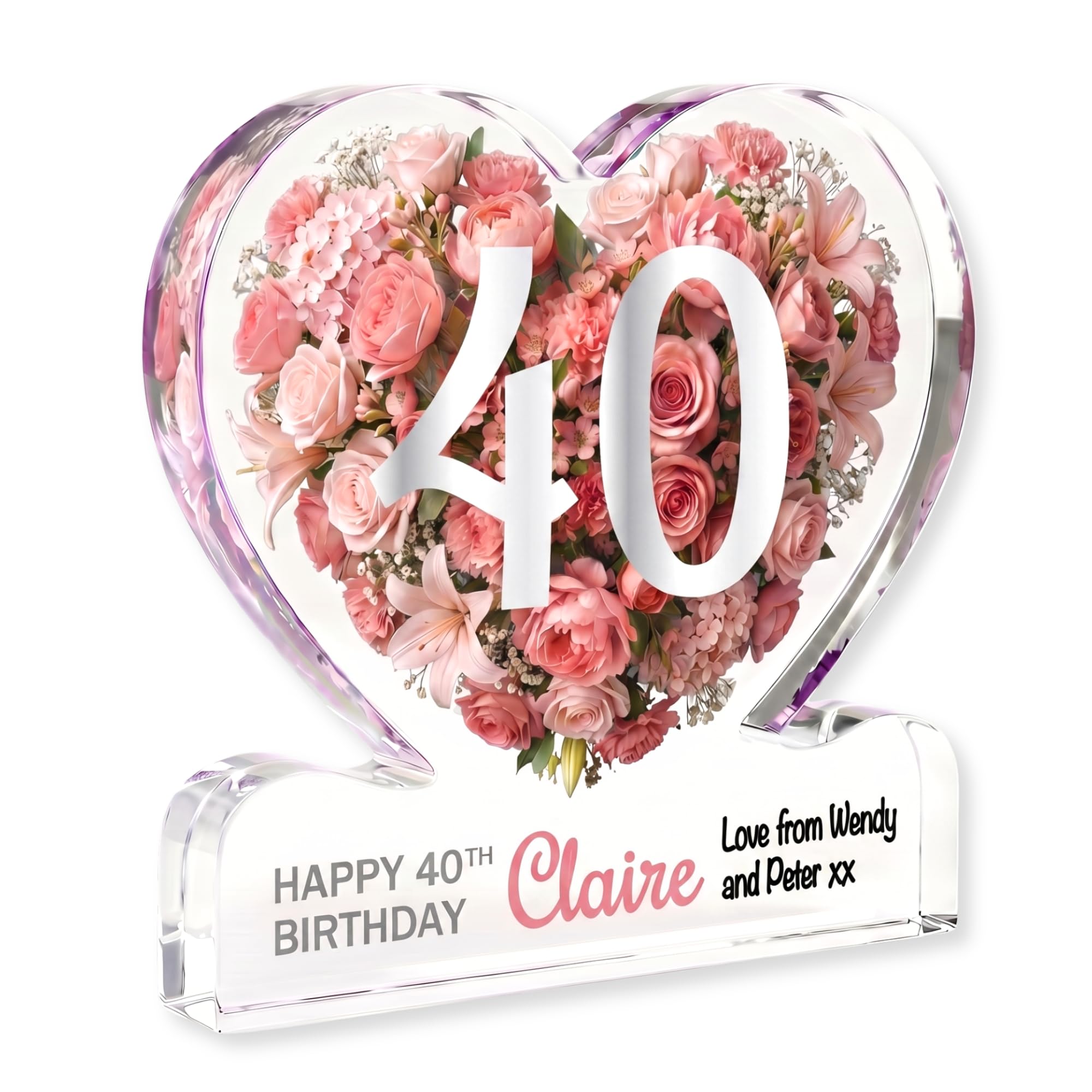 MyKeepsy Personalised 40th Birthday Plaque – Custom Name & Message Heart Acrylic Keepsake, Floral 40 Decoration Gift for her, 5 Colour Options (Blush Pink)