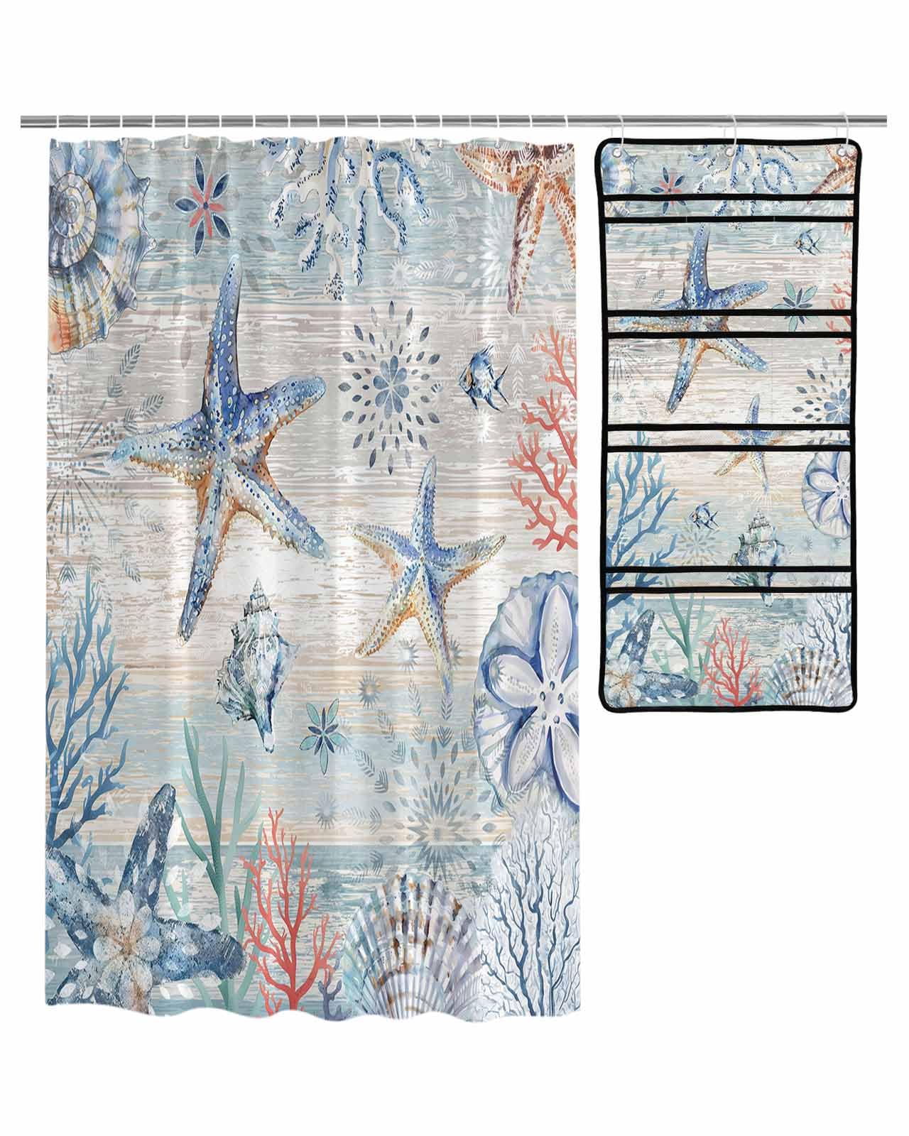 Decorative Shower Curtain Sets Summer Ocean Coral Starfish Shell Vintage Wood Blue Grain Fabric Waterproof Shower Curtains Mesh