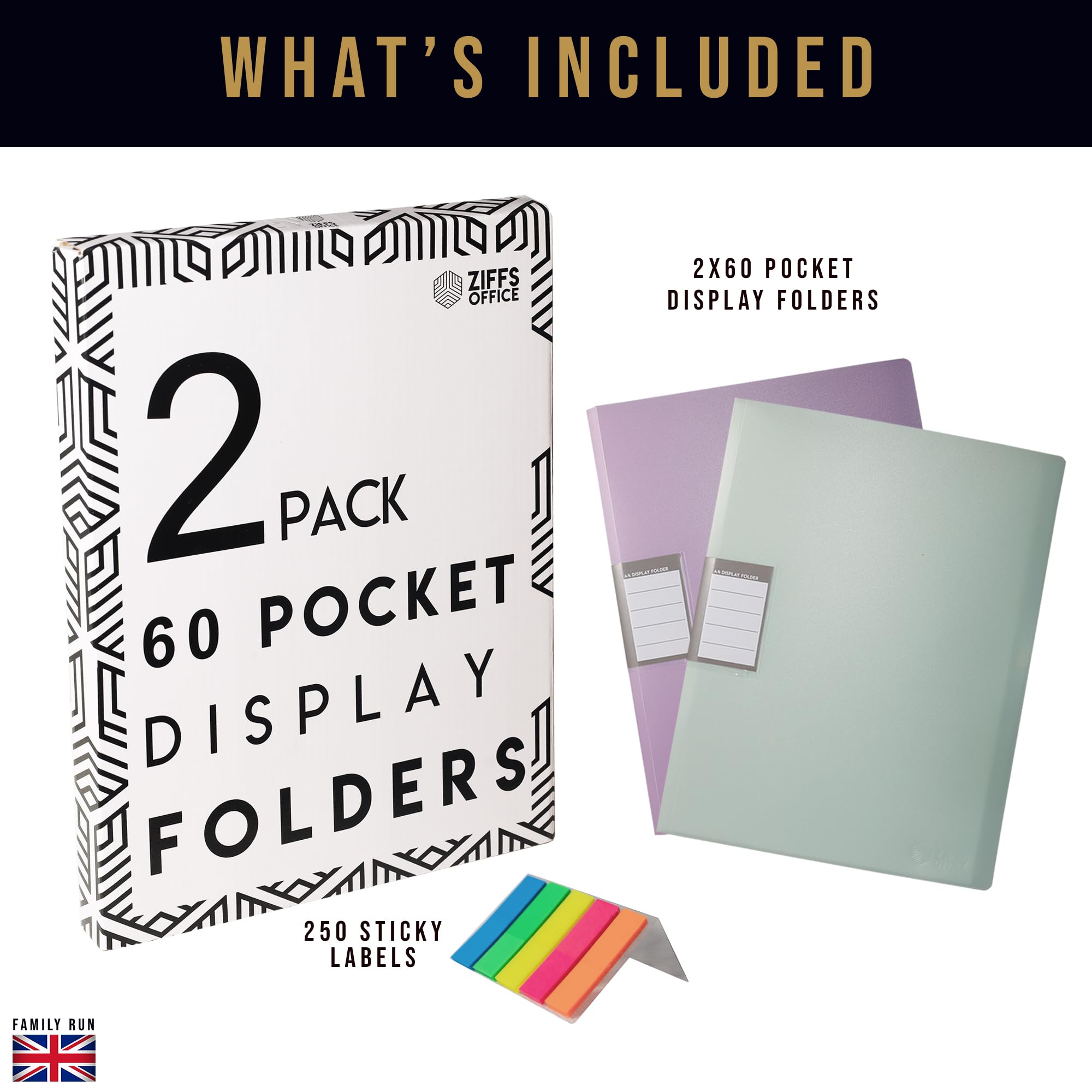 Ziffs Office® A4 Display Folder With 60 Plastic Pockets - 2-Pack Pastel Presentation Book - 250 Sticky Labels Included - British Brand - Image 2