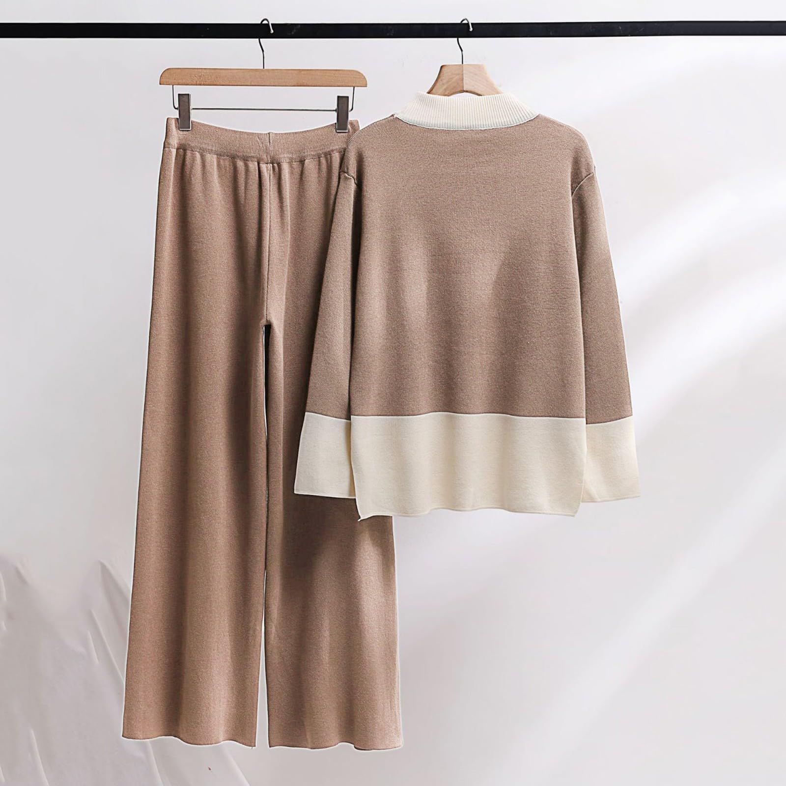 Generico Completi di Lana da Donna Eleganti Tute in 2 Pezzi Maglia Polsino Elastico Completo Pullover Top Girocollo e Pantalone a Gamba Larga in Vita Tuta Sportiva Invernale Coordinato Lavorati Curvy