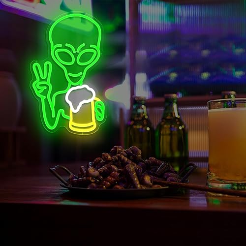 Miniatura 3 de Letrero de neón alienígena verde, luz de neón de cerveza, luces LED regulables para decoración de pared, luces iluminadas para dormitorio, cueva de