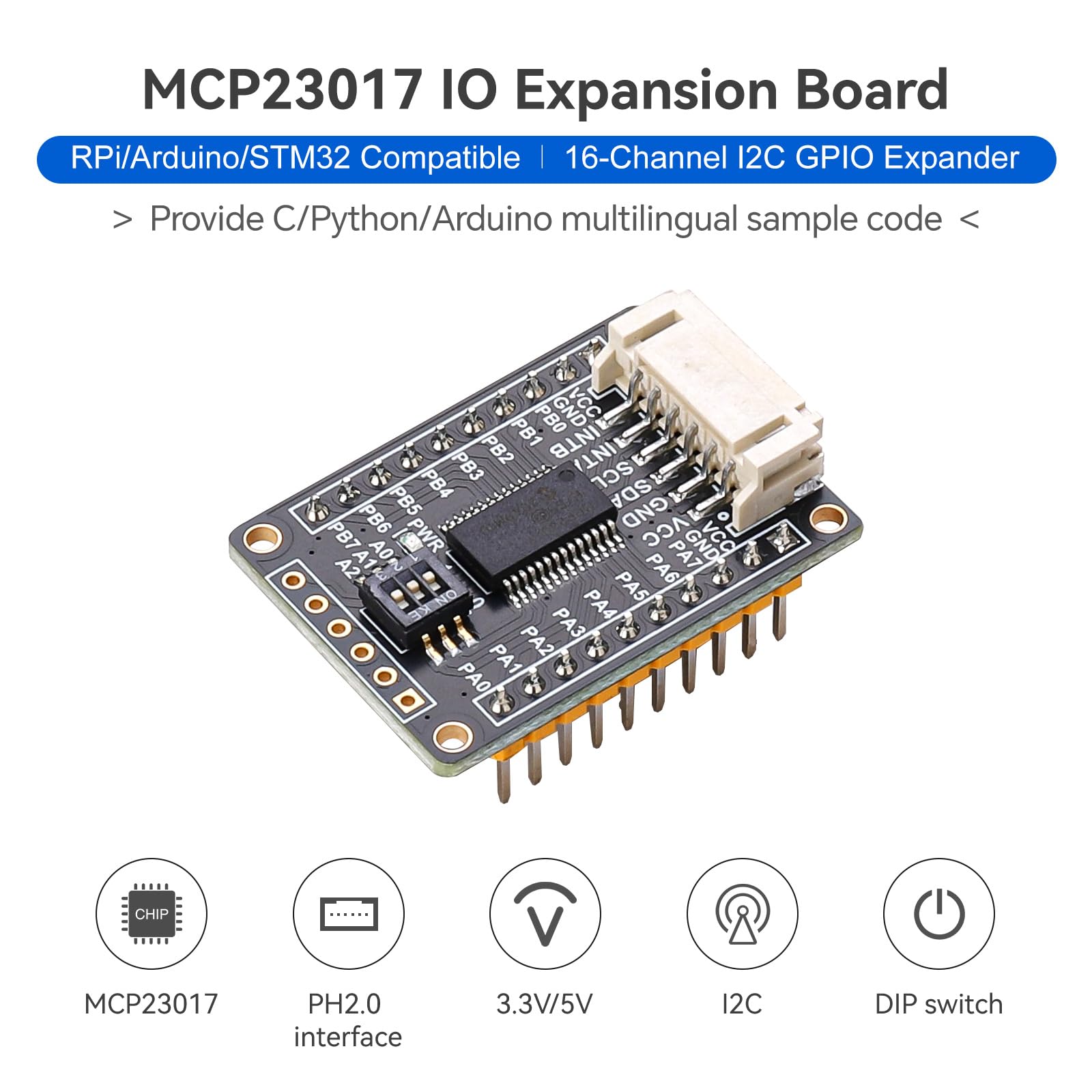 MCP23017 Modulo di espansione I/O - 16 pin GPIO, interfaccia I2C, interruttore DIP integrato a 3 cifre, compatibile con Raspberry Pi, Arduino, STM32 (3,3 V/5 V)