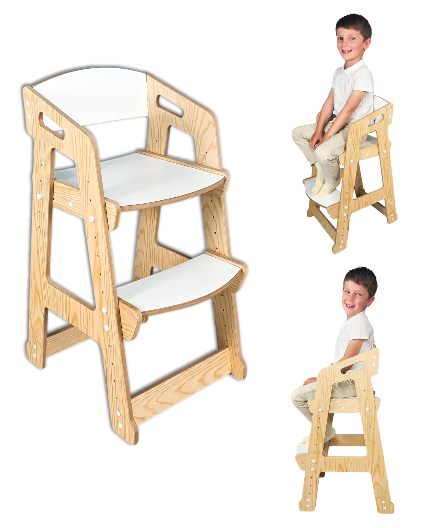 Silla Evolutiva Montessori Classic de Madera para Niños 3-8 Años, Altura Ajustable, Diseño Ergonómico, Resistente hasta 80kg, Ideal para Cocina, Estudio, Juego y Comedor (Pino)