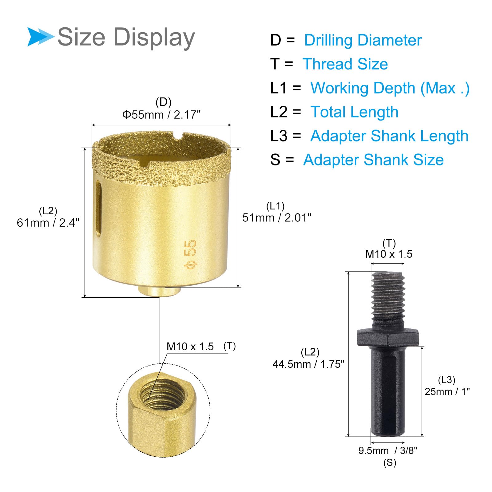 CoCud Diamond Drill Bits Set, 55mm Cutting Diameter, Brazed Diamond Core Drill Bits with M10 Arbor Adapter - Image 2
