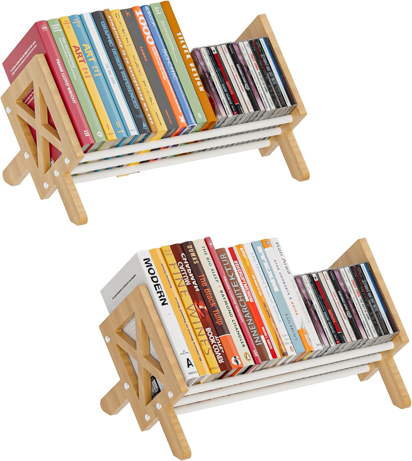 Desktop Bookshelf Organizer, Wood Office Tabletop Book Storage Rack, Tilting Bookcase for Books/CDs/Magazine Display (2 Packs White)
