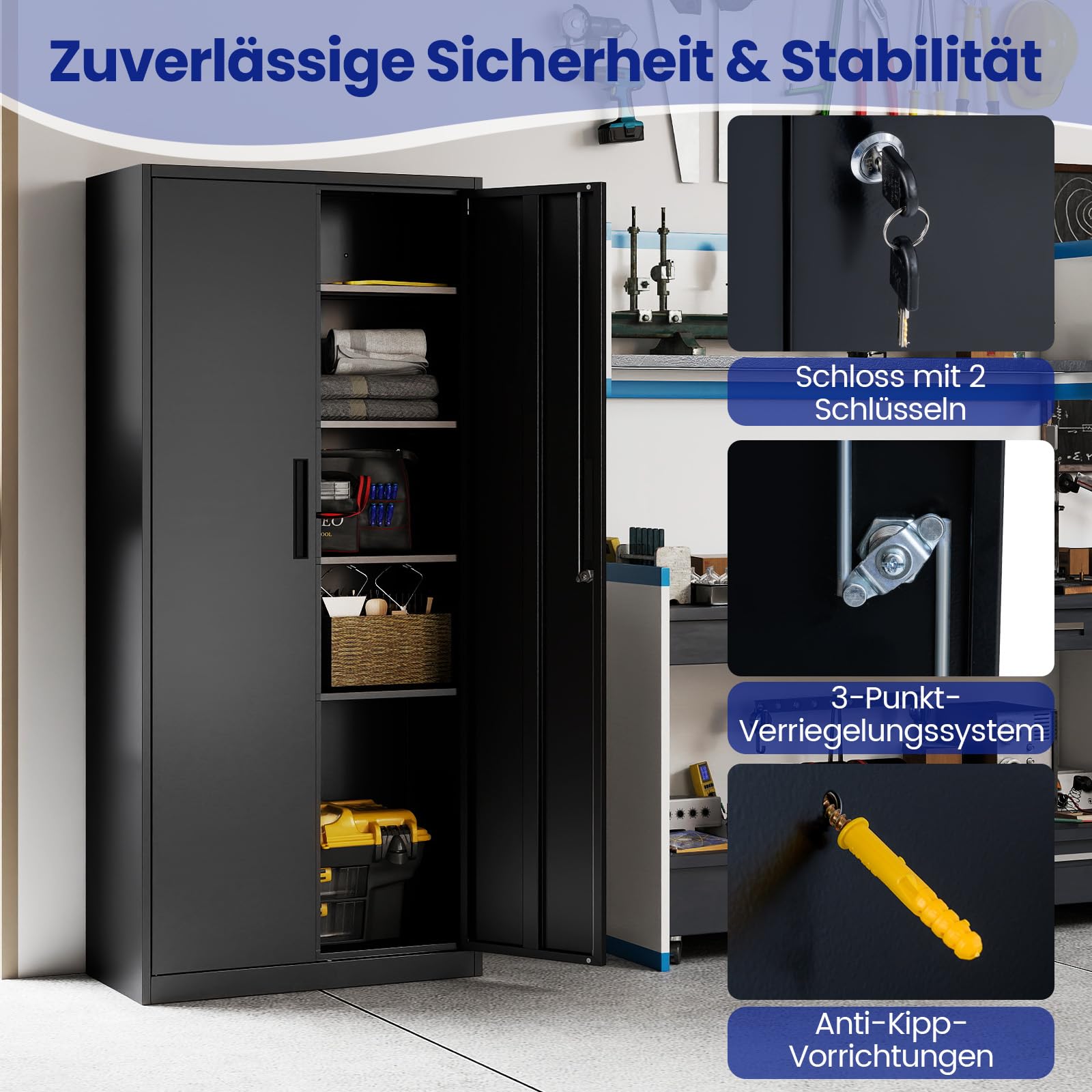 COSTWAY Aktenschrank abschließbar, 180 cm Metallschrank mit Doppeltür & 4 verstellbaren Regalen, Büroschrank Stahl, Mehrzweckschrank Werkstattschrank für Büro, Wohnzimmer, Garage, Schwarz