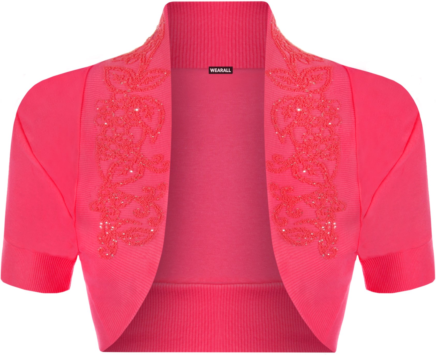 WearAll Ladies Beaded Shrug Short Sleeved Cardigan Top - Cerise - 8/10