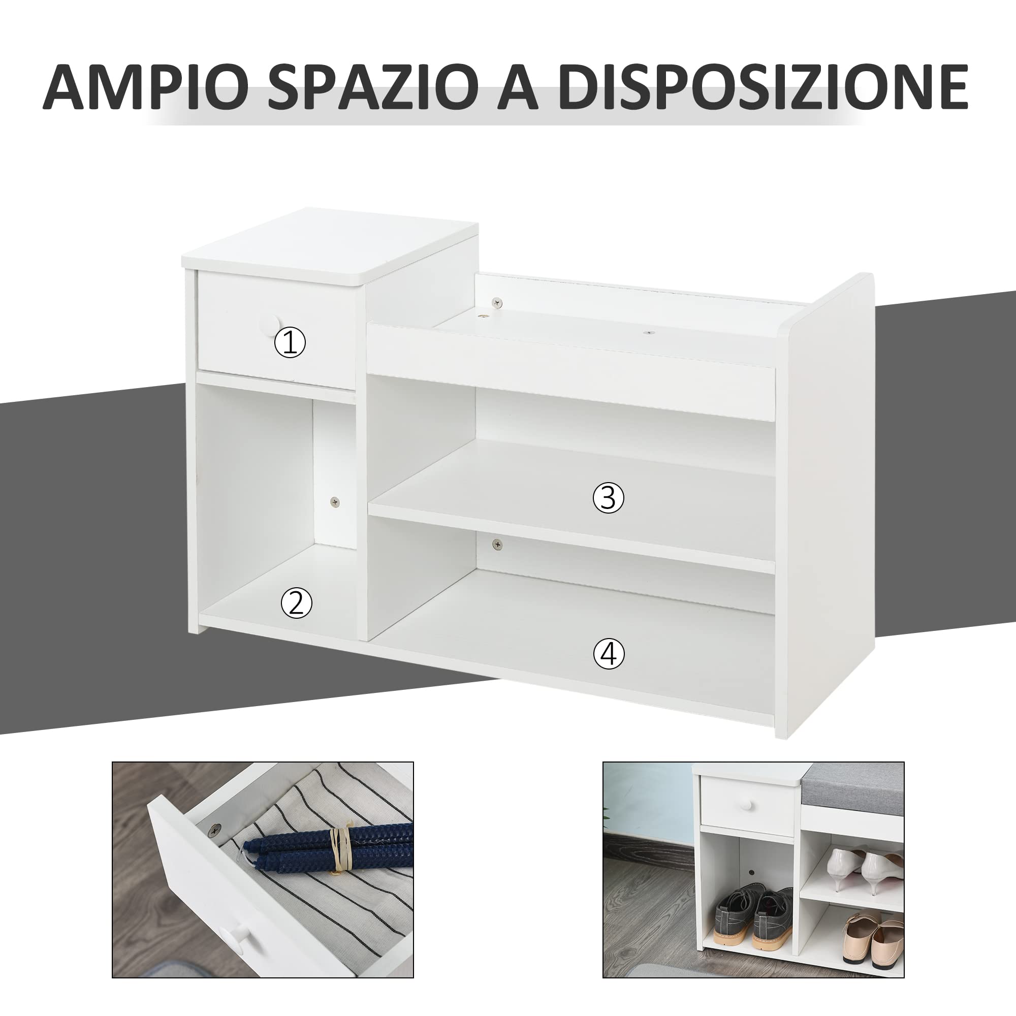 HOMCOM Panca Scarpiera con Cuscino, Cassetto e 3 Vani Aperti, Mobile per Ingresso in Legno 81x31.5x49cm, Bianco