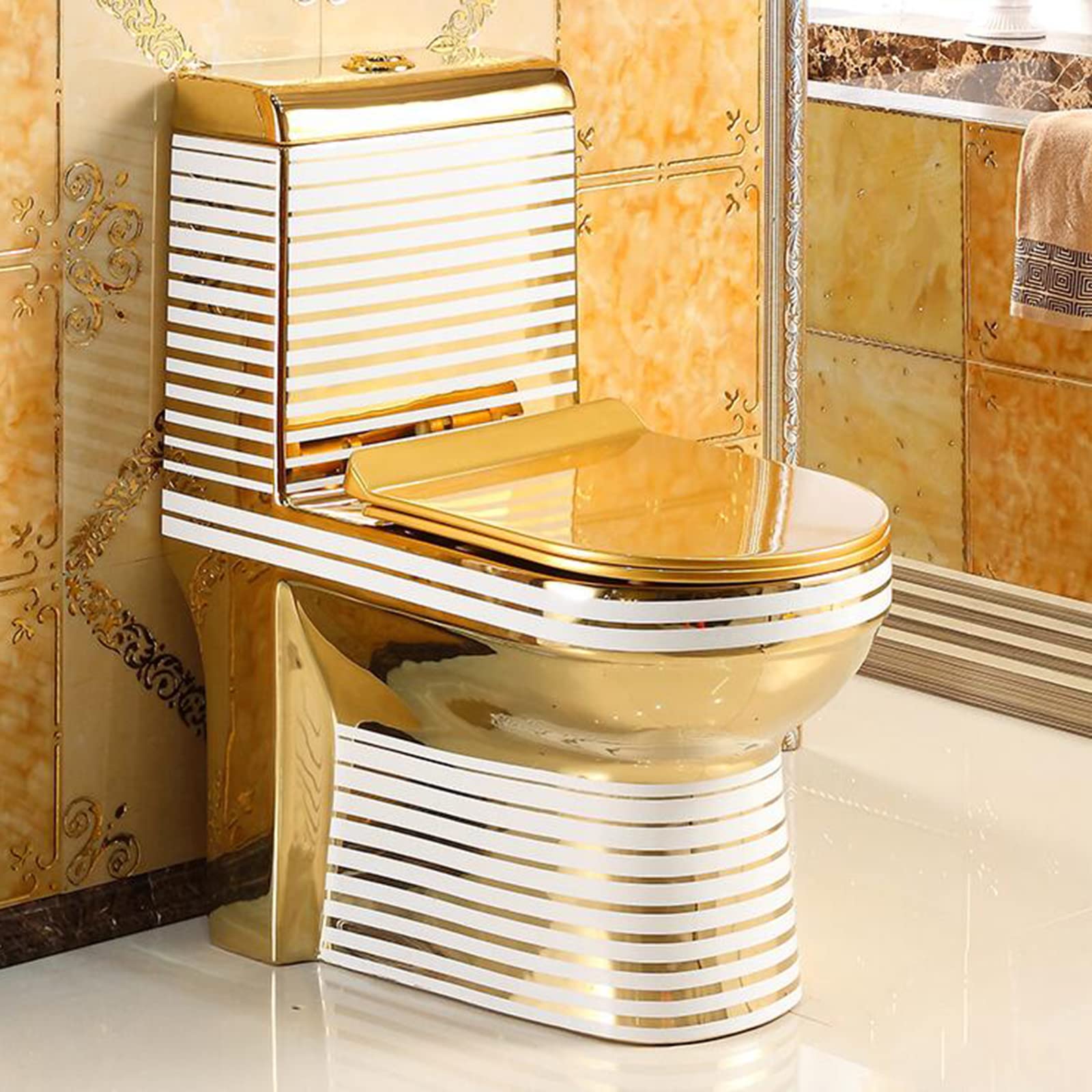 Inodoro dorado de una sola pieza con bombeo de agua silencioso para uso doméstico, lujoso y ligero, estilo europeo, de lujo, sifón de cerámica, apto para 305 mm (dorado 350 mm)