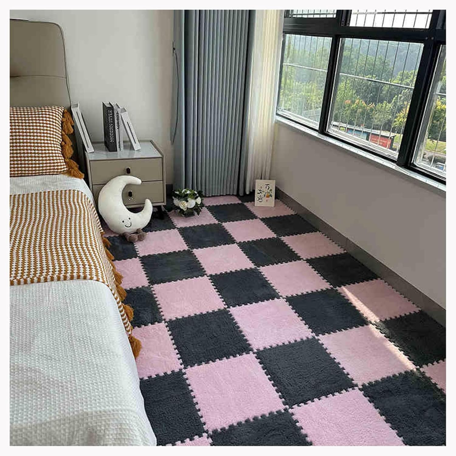 JvFbjLF Interlocking Foam Play Mat DIY Puzzle Foam Floor Rug 50pcs 30x30cm Square Foam Mats(Gray+Pink)