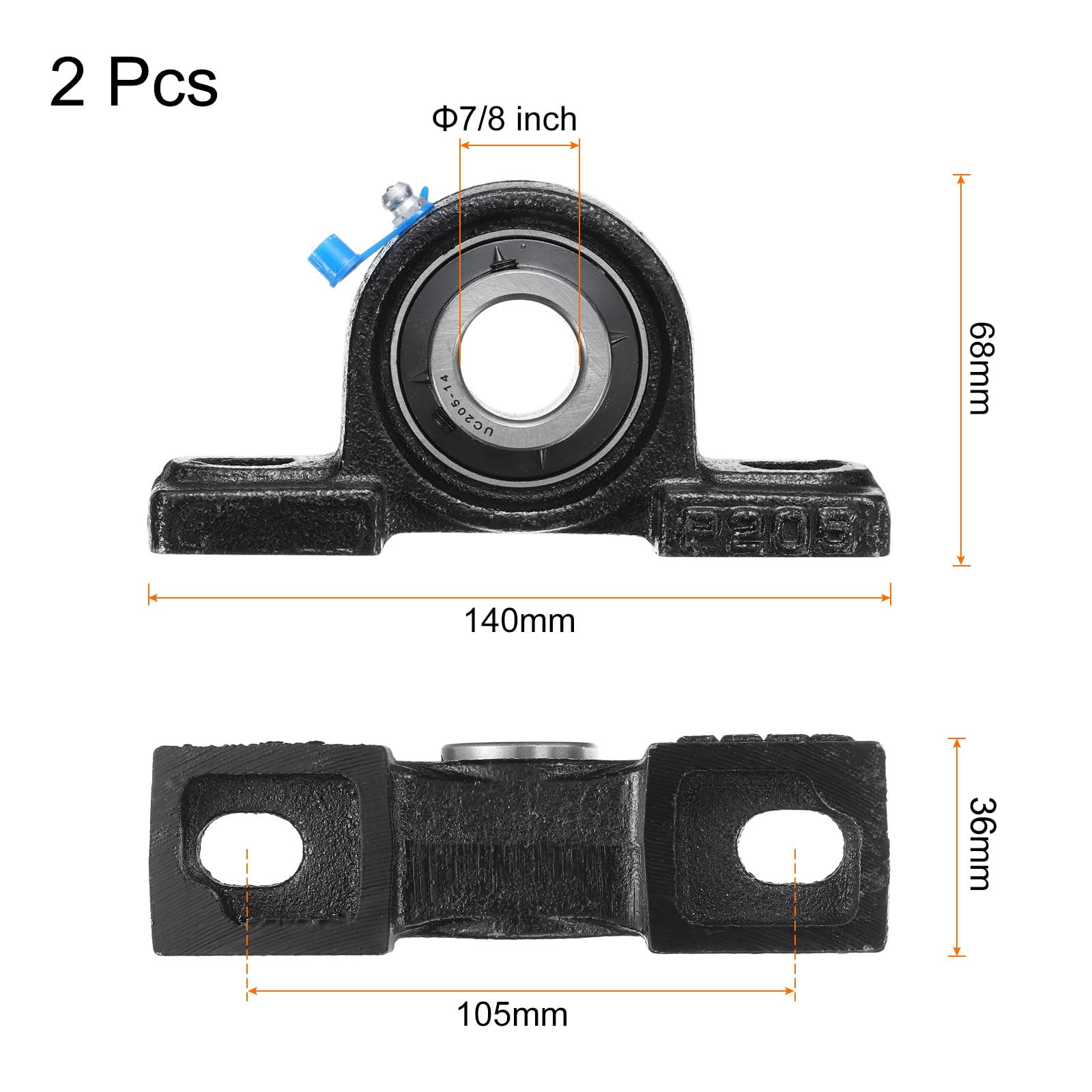 QUARKZMAN 2pz Cuscinetti a blocco a Cuscino UCP205-14 Diametro Foro 7/8" Unità di Cuscinetto in Ghisa con Flangia Montata