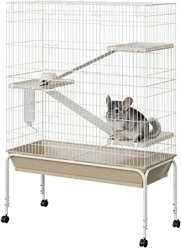 40-Inch Small Animal Cage, 4-Tier Metal Ferret Cage with Wheels, Removable Ramps & Platforms, Carbon Steel Habitat for Guinea Pigs, Rabbits, Chinchillas, Includes Water Bottle & Food Dish