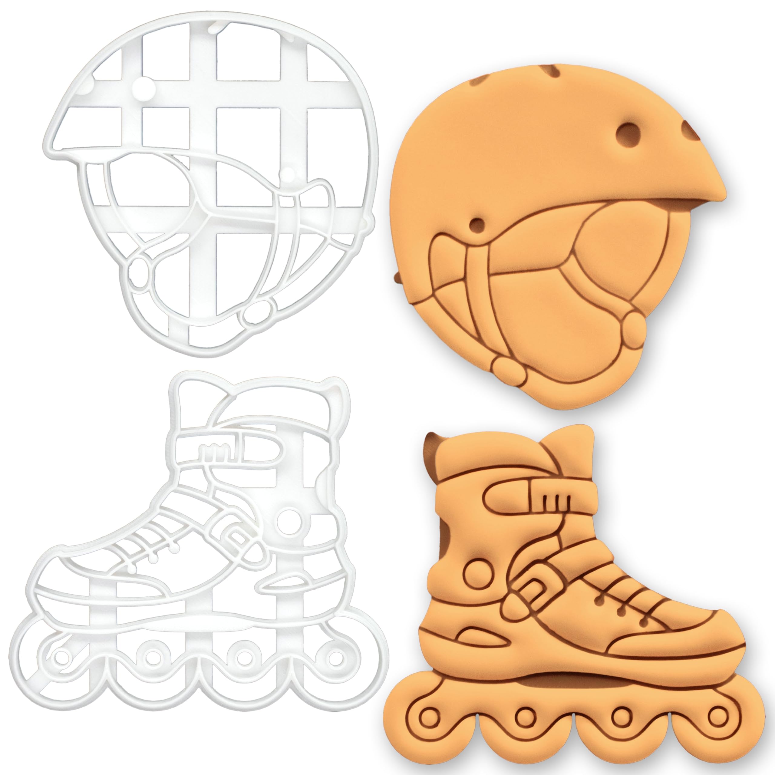 BAKERLOGY Lot de 2 emporte-pièces Roller Inline et Casque – chaussure de patinage, embosseurs pour pâtisserie thème sport, biscuits roller, outil de décoration de gâteau pour anniversaire enfant