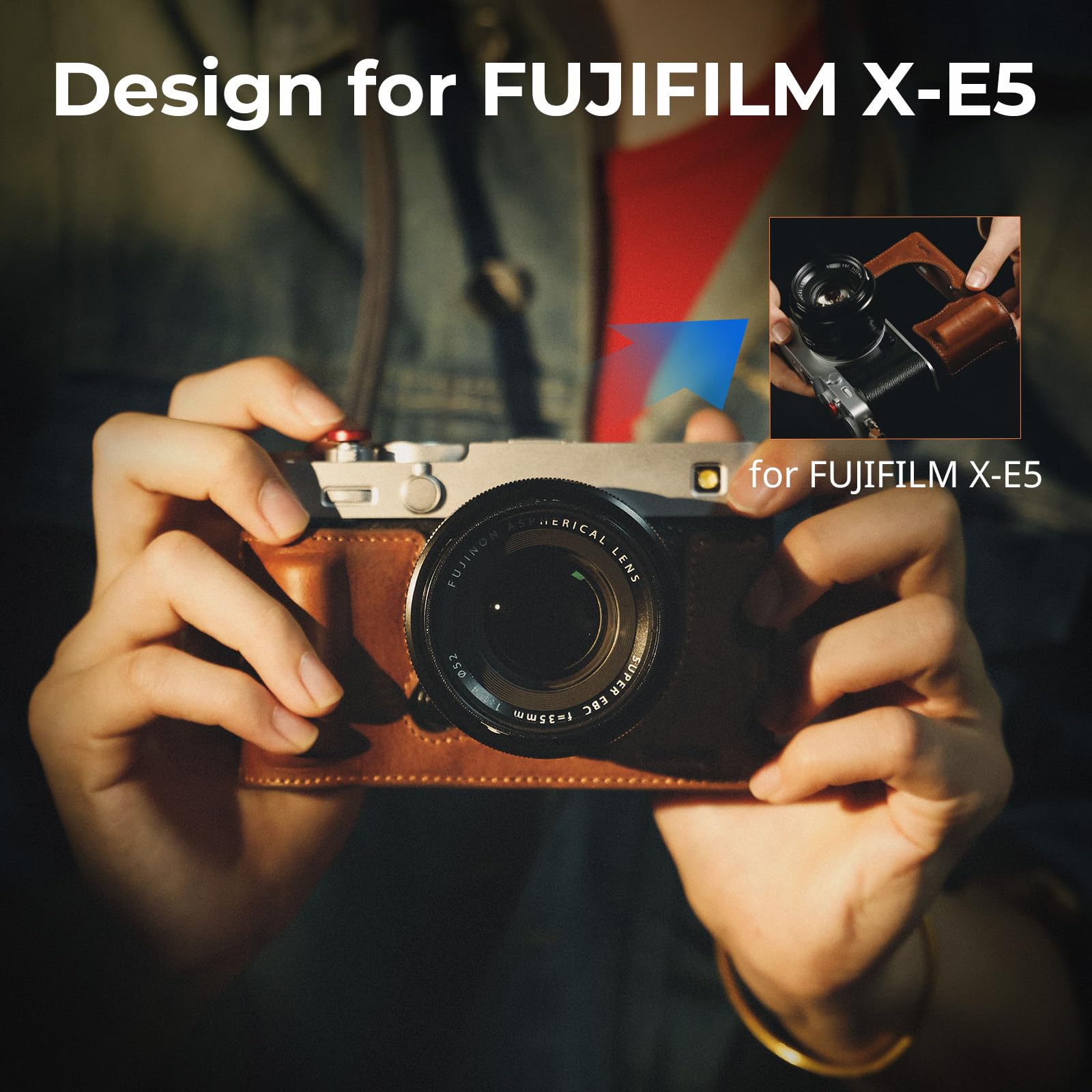 SMALLRIG Zestaw skórzanych futerałów do FUJIFILM X-E5, Vintage Half-Body Shell do FUJIFILM X-E5, z paskiem na ramię (brązowy) - 5449