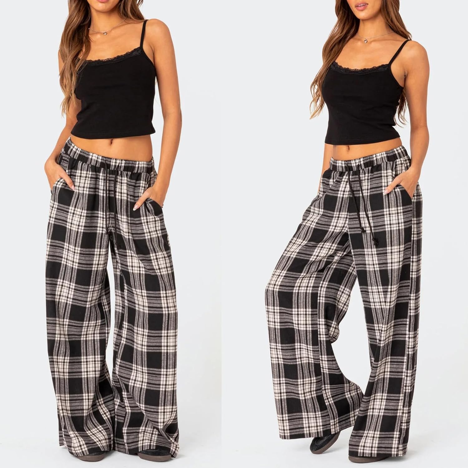 Women Y2k Plaid Pants Elastic Low Rise Striped Wide Leg Baggy Pants Casual Trendy Loose Gingham Trousers Streetwear - Image 4