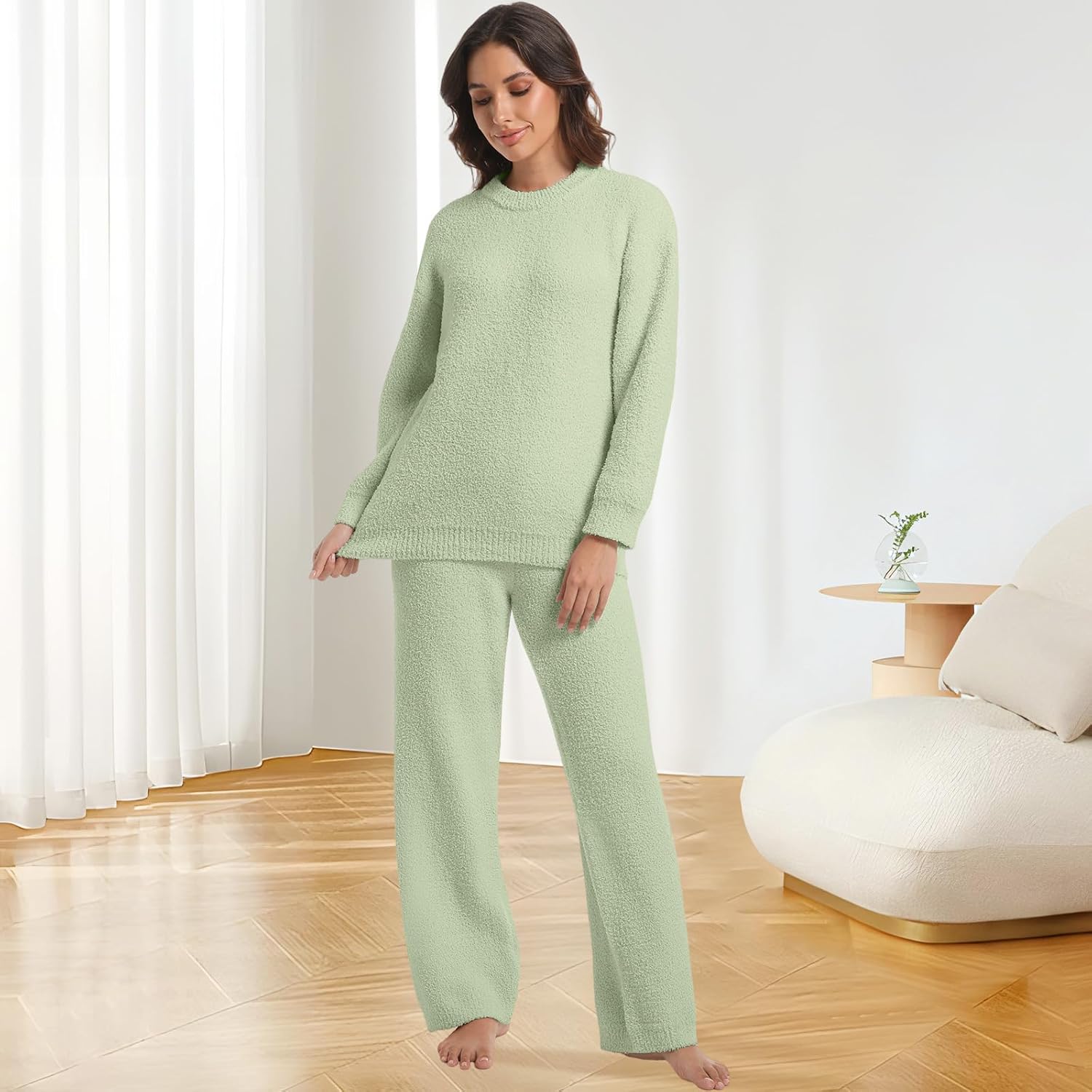 2 Piece Fleece Pajamas for Women Set Loungewear Outfits Knit Sweater Womens Long Sleeve Fuzzy Pajama Sets - Image 5