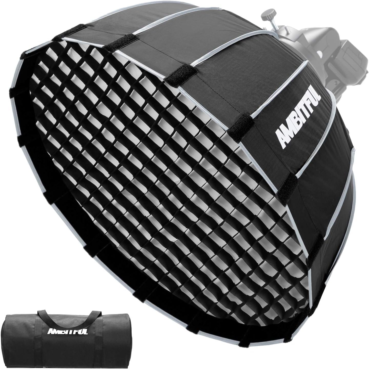 AMBITFUL P60 Softbox with honeycomb grid attached, showing its parabolic shape and dimensions.
