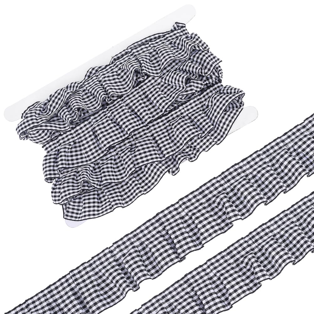 HOBBIESAY 5 Yard Black White Gingham Ruffle Trim 1/2 Inch Wide Checkered Stretch Trimming Ruffle Pleated Lace Ribbon Plaid Edge Trims Pleated Edge Trim Hem Lace for Sewing Craft Garment Applique