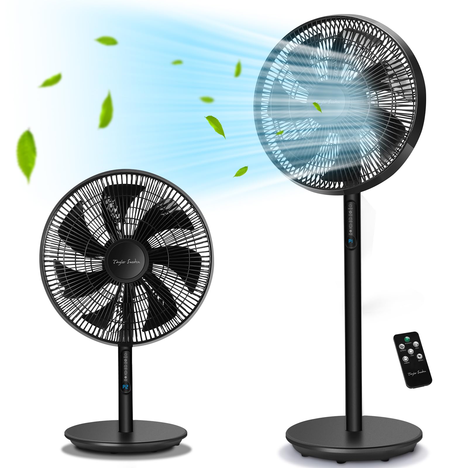 Taylor Swoden Eurus - Ventilador de pie y de mesa digital 2 en 1 con 7 aspas, 45W, temporizador 9h, mando a distancia, altura ajustable de 68 a 110 cm, 3 velocidades y 3 modos, oscilación de 90°