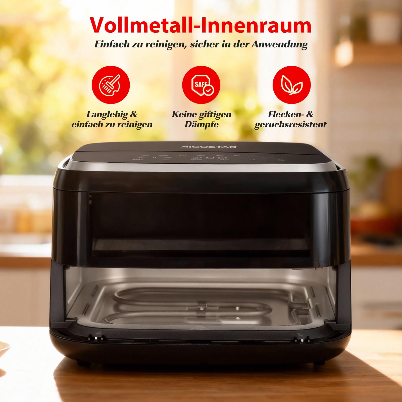 Aigostar Heißluftfritteuse mit XL 745 cm² Garfläche (27.3 * 27.3cm), leiser Extra-Crisp Technologie, Pizzafunktion, Doppelheizung, Sichtfenster, 11 Programmen, Touchscreen, Metall-Innenraum, Schwarz