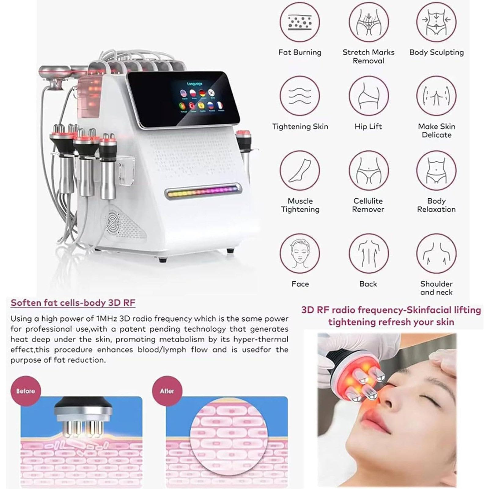 MáQuina EliminacióN Grasa por Radiofrecuencia (RF) Al VacíO, 11 En 1, CavitacióN 80k, Profesional, para Moldear El Cuerpo, Masajeador VacíO por Radiofrecuencia, con 11 Cabezales Masaje