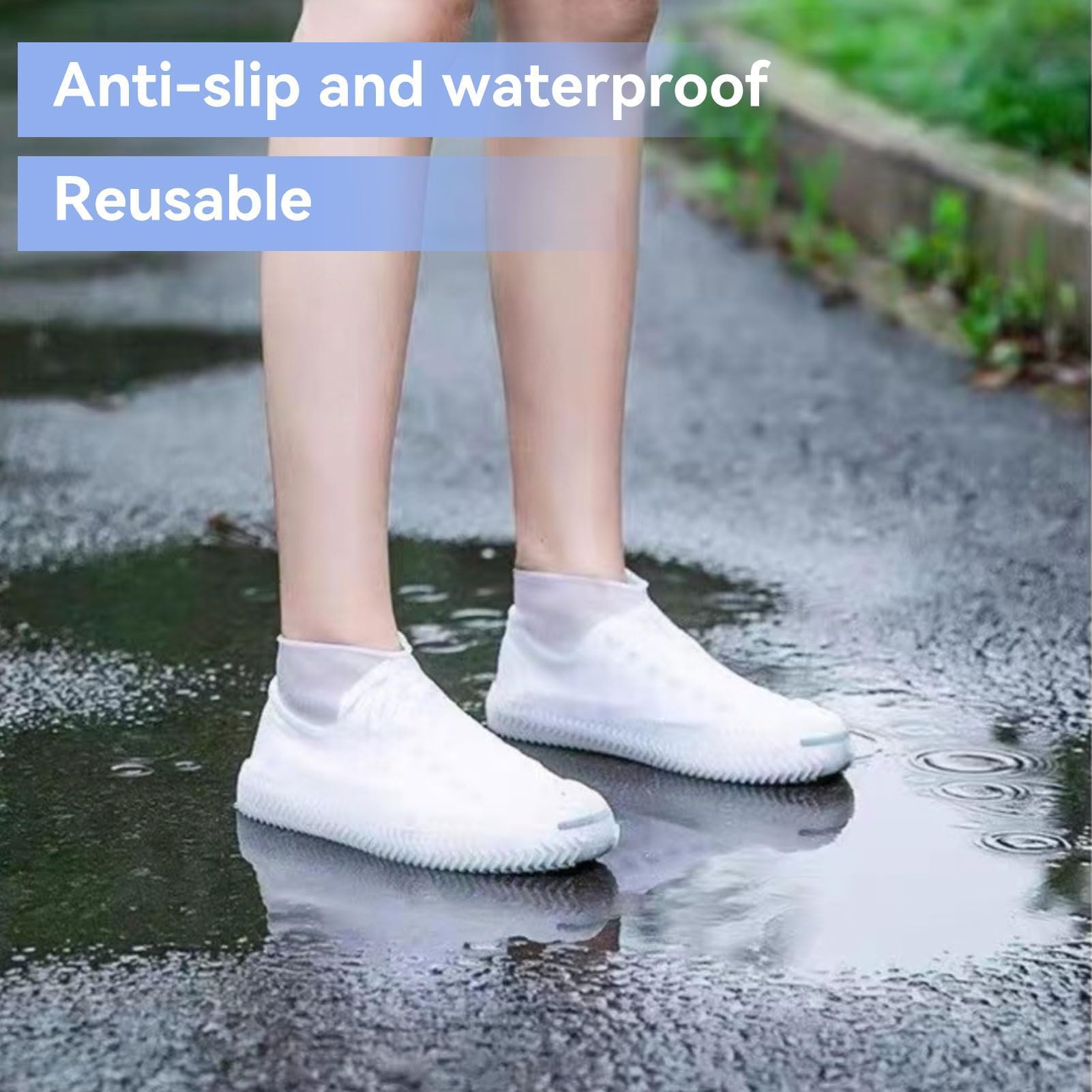 Waterproof Shoe Covers - Anti Slip Silicone Overshoes, Reusable, Easy To Carry - For Rain, Snow, Outdoor Activities (White, XX-Large)
