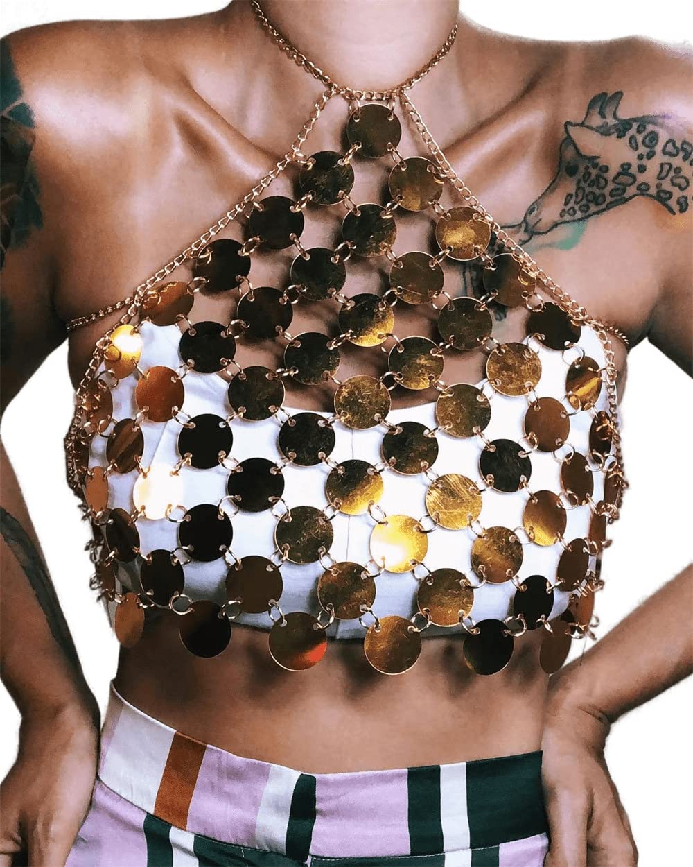 OSPRIO Women Sexy Pearl Crop Tops: Glitter Strappy Bra Tanks Beaded Camisole - Sleeveless Cami Vest with Metal Chain