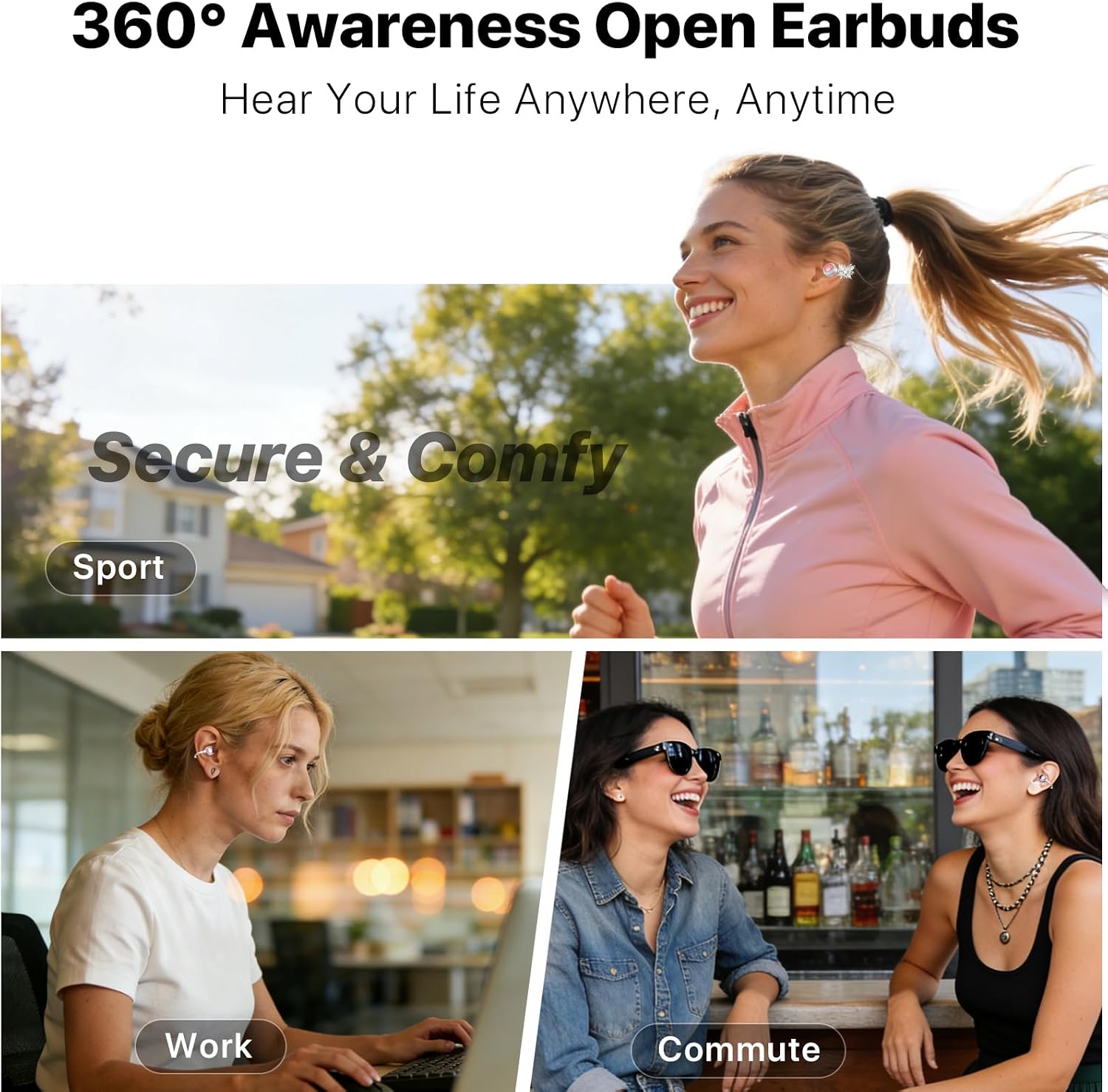 Open Ear Clip Wireless Earbuds Bluetooth 6.0, Powder Compact Case with LED Display & Mirror, Detachable Crystal Butterfly Ear Clips & Bracelet, 28H IPX5 Open-Ear Comfort for Women& Girls Gifts (Pink)
