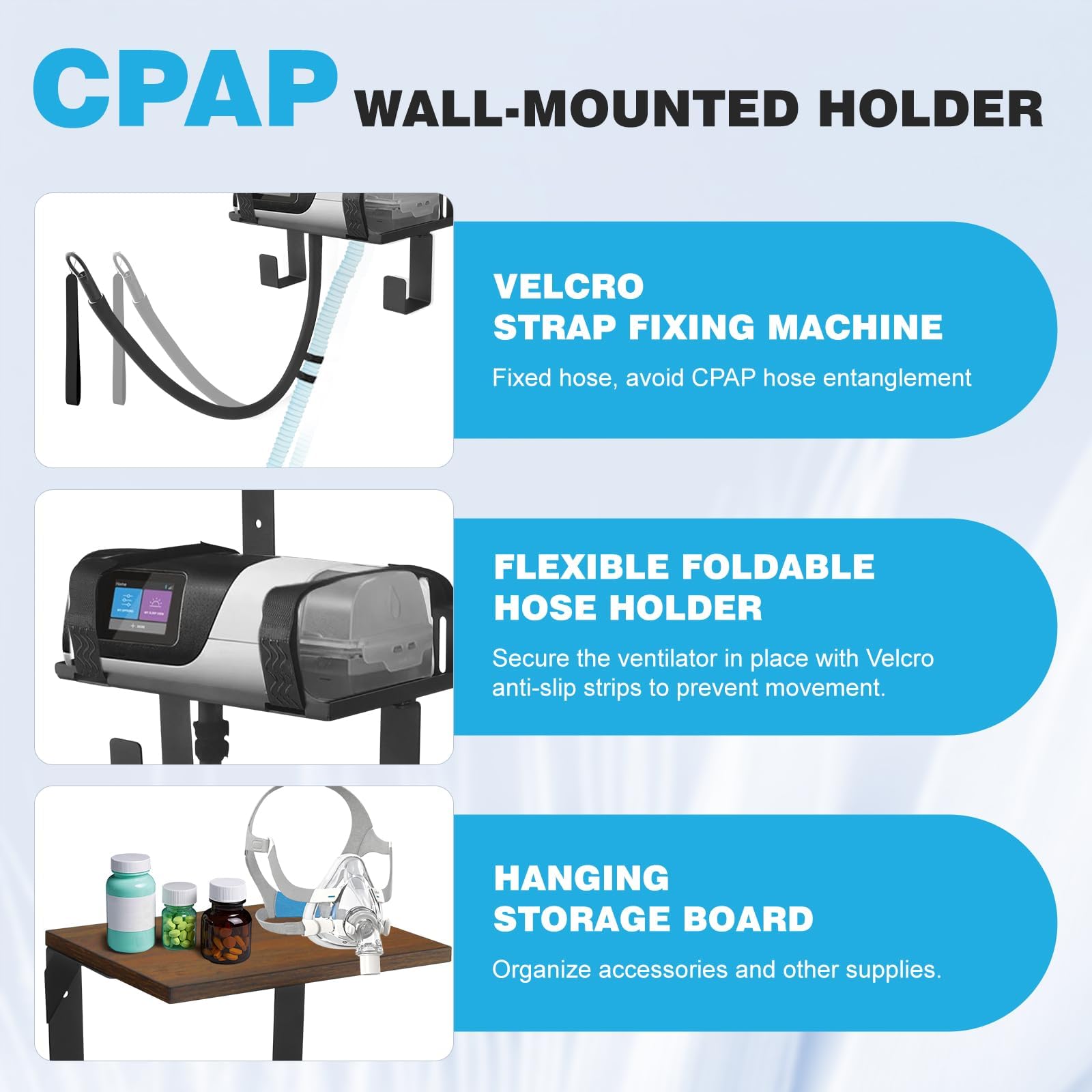 Upgrade CPAP Wandhalterung für ResMed AirSense 10 & 11 | 2-Ebenen-Organizer mit Schlauchhalter & Maskenhaken | Platzsparende Nachttisch-Alternative