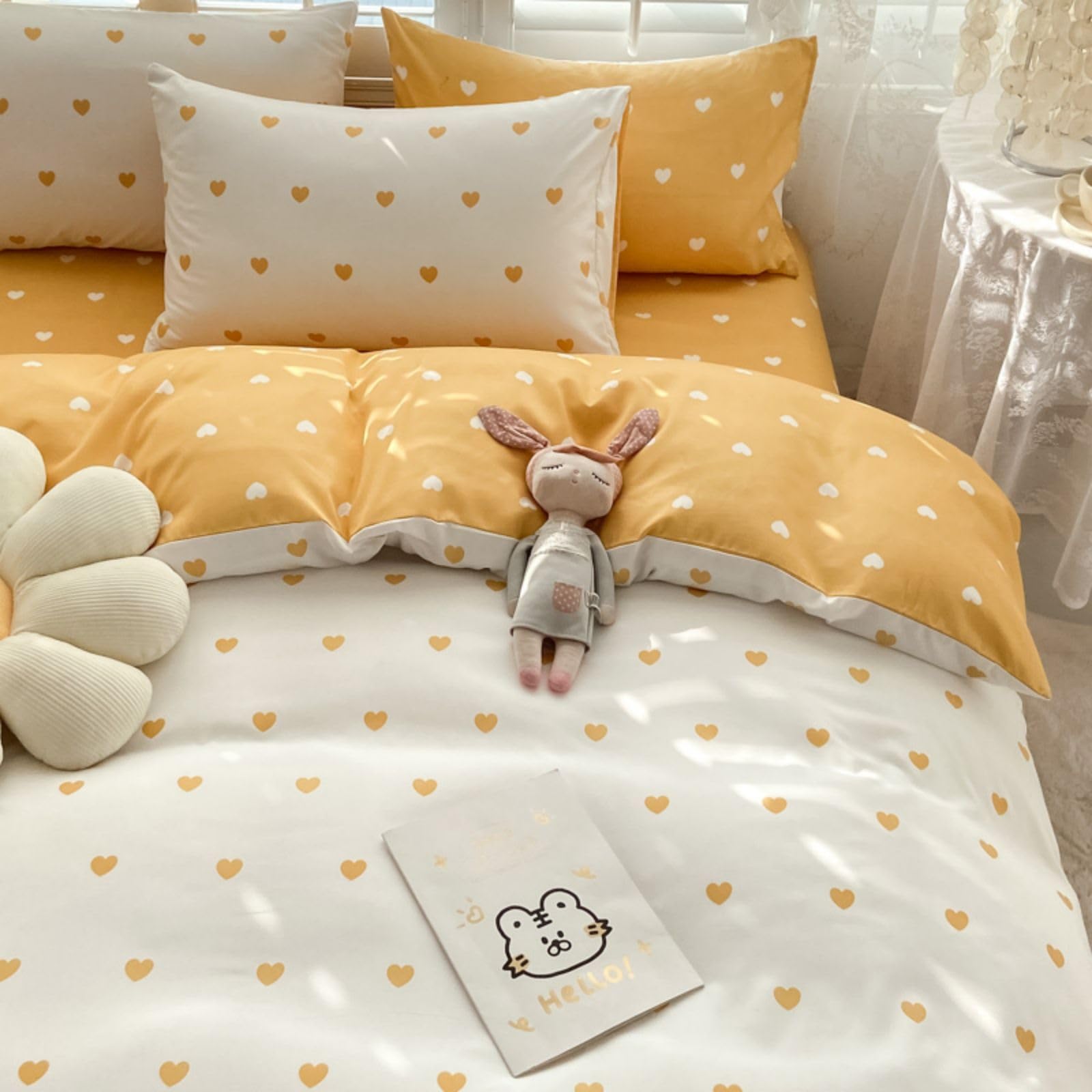 Freyamy Herz Bettwäsche 135x200 Herzen Gelb Weiß Mädchen Bettwäsche Set | Aesthetic Wendebettwäsche, 2teilig Bettwäsche-Sets, Microfaser ÖKO-TEX Bettbezug mit Reißverschluss und 1 Kissenbezug 80x80cm