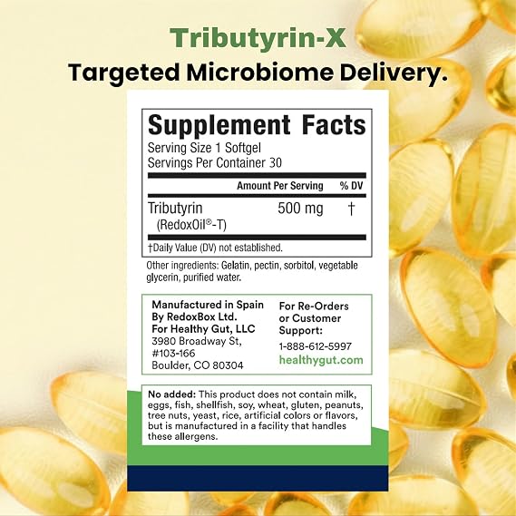 Healthy Gut Tributyrin-X | Most Bioavailable Butyrate Postbiotic for Gut Health & Leaky Gut Support | 99% Pure w/Zero Odor | 30 Softgels