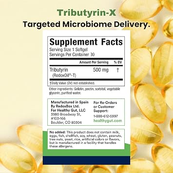 Healthy Gut Tributyrin-X | Most Bioavailable Butyrate Postbiotic for Gut Health & Leaky Gut Support | 99% Pure w/Zero Odor | 30 Softgels