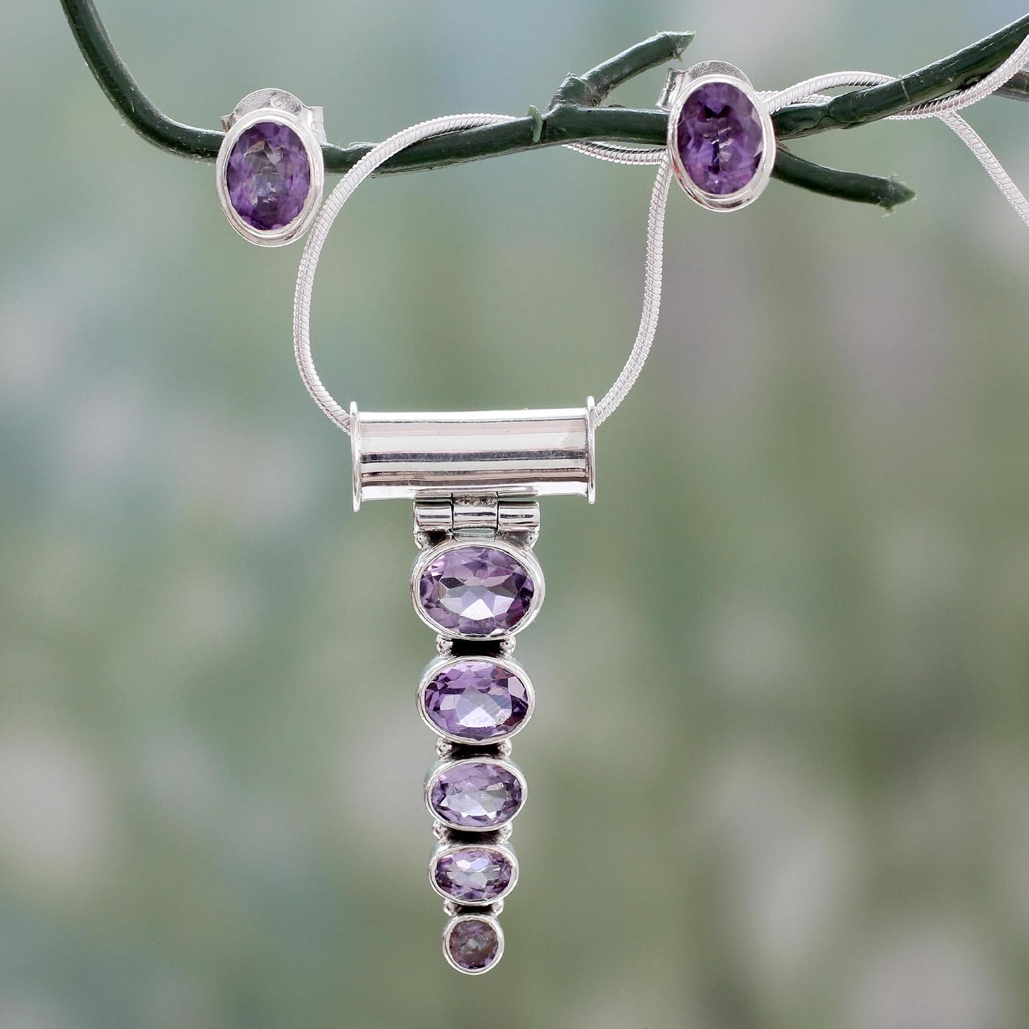 NOVICA Artisan Handmade Amethyst Jewelry Set Necklace Earrings Sterling Silver Purple Pendant India Mauve Mist Birthstone [choker 15.75 in L Pendant(s) 1.4 in L x 0.8 in W x 0.2 in D Earrings 0.4 in ]