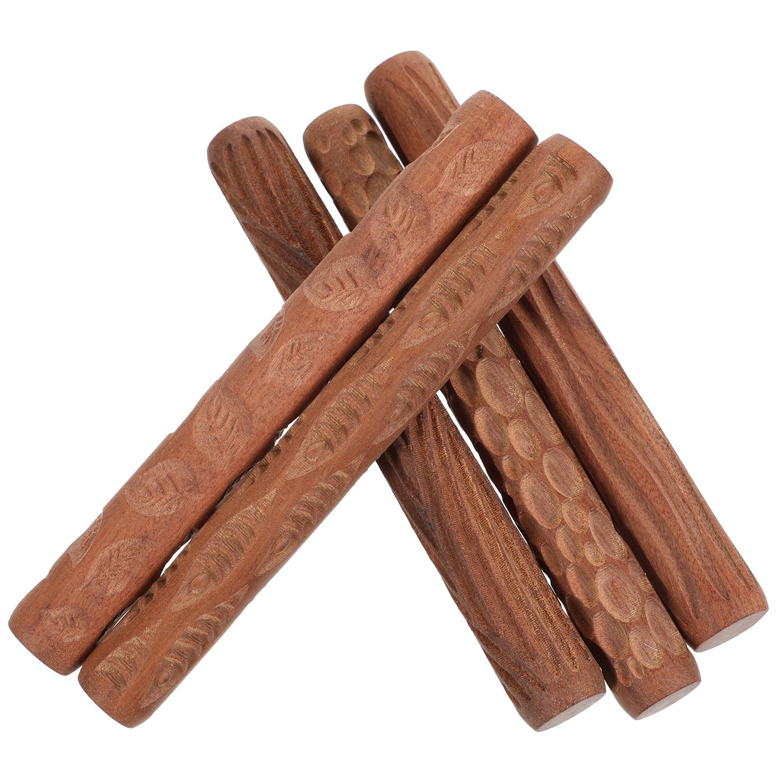 HEALLILY 5 Piezas Rodillos para Modelar Arcilla de Madera, Rodillo de Arcilla Textura, Color Café, para Cerámica y Bricolaje Diy, Crea Estampados y Fácil de Guardar