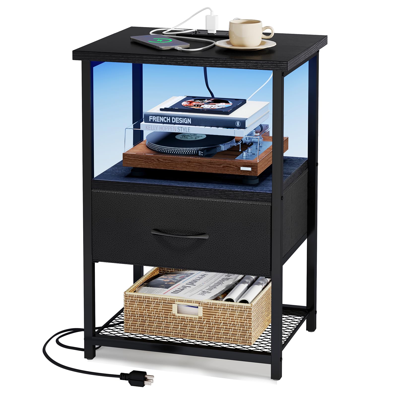 Mesita de noche con estación de carga, mesa auxiliar LED con cajones de tela con acabado de poliuretano, mesas auxiliares para dormitorio, mesita de noche, color negro