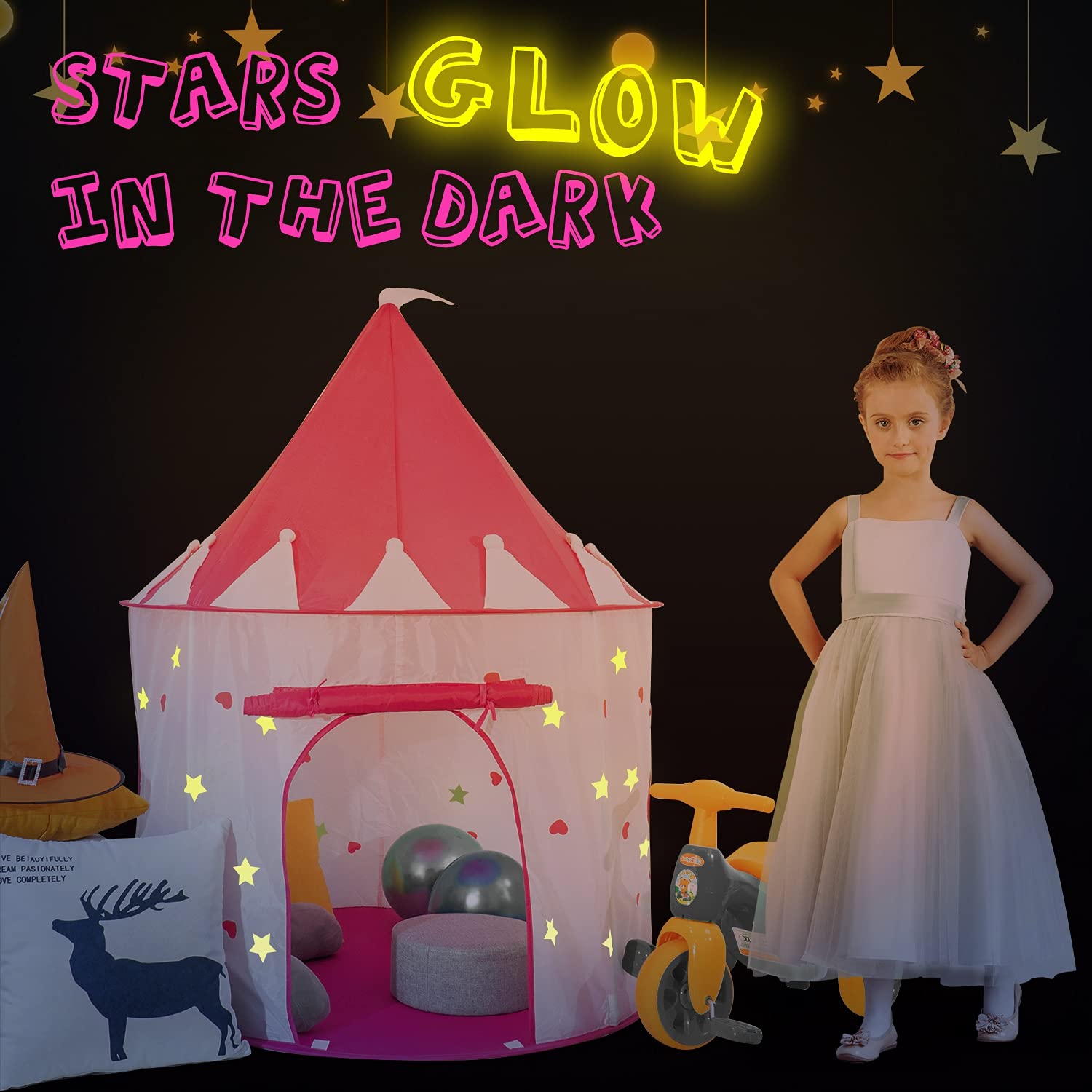 Princess Castle Play Tent with Glow in The Dark Stars, Foldable Pink Pop up Kids Tent Playhouse Toys, for Indoor Outdoor Toddler Children Girls Gifts Tent Girls Toys Age 3/4/5/6/7/8/9 Years Old - Image 3