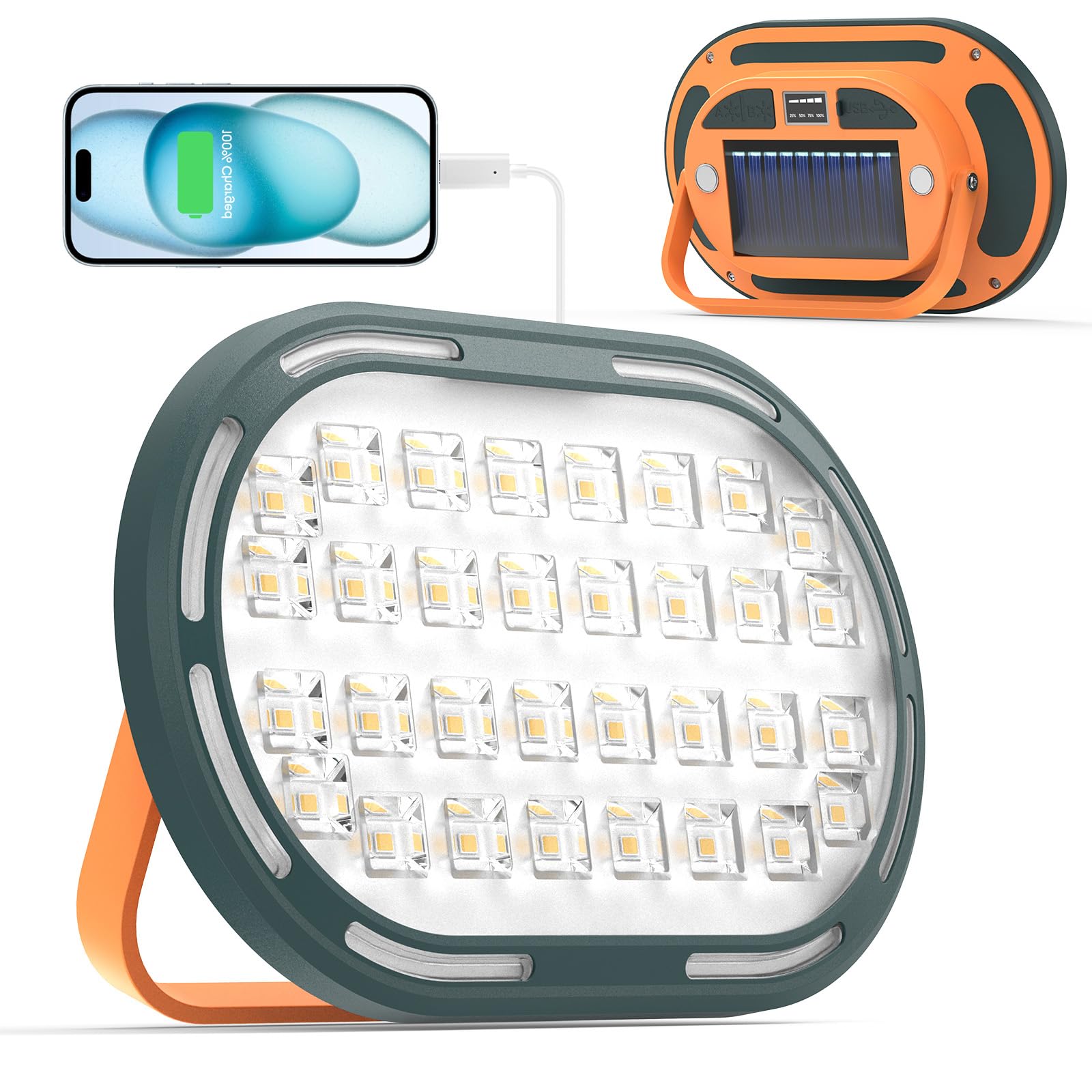 DAINGBOAR Foco LED Recargable y Solar, Luz de Trabajo de 30W, 2000 lm, IP65 Resistente al Agua, Foco LED Compacto con 4 Modos de Luz para Camping y Pesca(1 unidad)