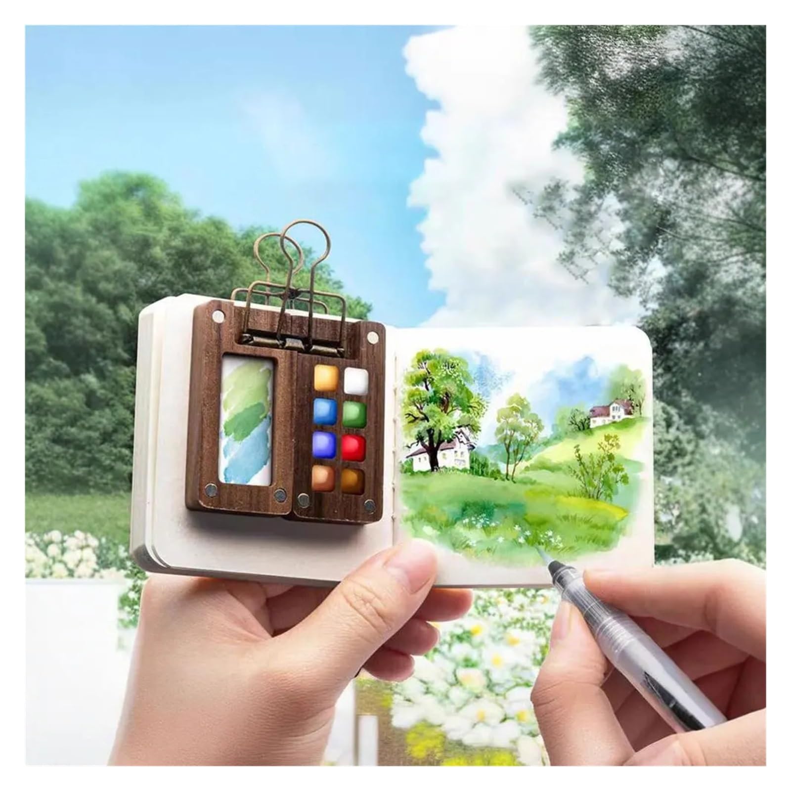 Set di acquerelli portatili con 8/15 griglie in legno, tavolozza da viaggio, album da disegno, pennelli, raccoglitori, clip per artisti, studenti, strumenti di pittura (set A da 8 griglie)
