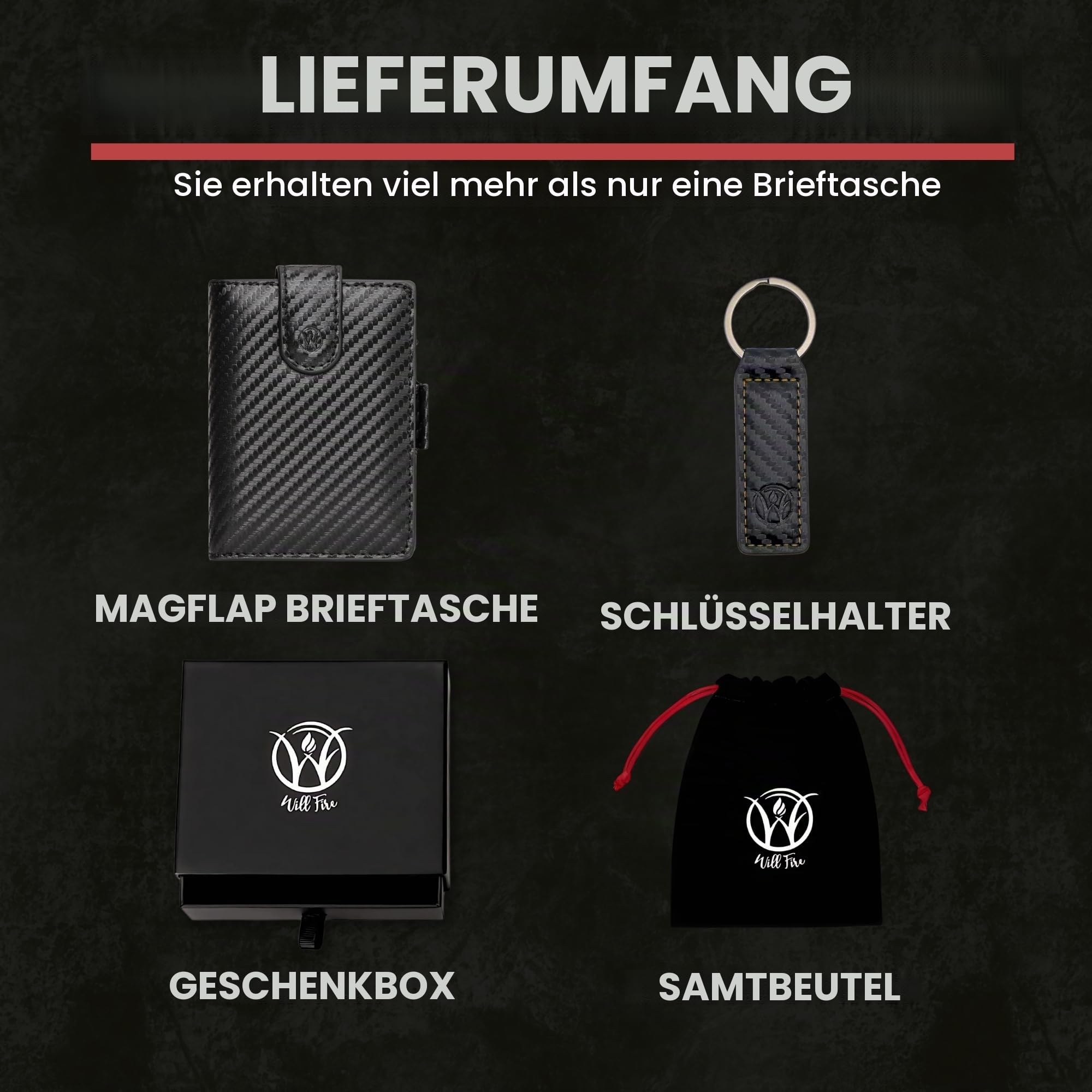 WillFire® MagFlap | Geldbörse Herren | Extra Schlüsselanhänger | Leder Kartenetui für 10-12 Karten | RFID geschützt | Einzigartiger Magnetverschluss | Inkl. Geschenkverpackung (Carbon)