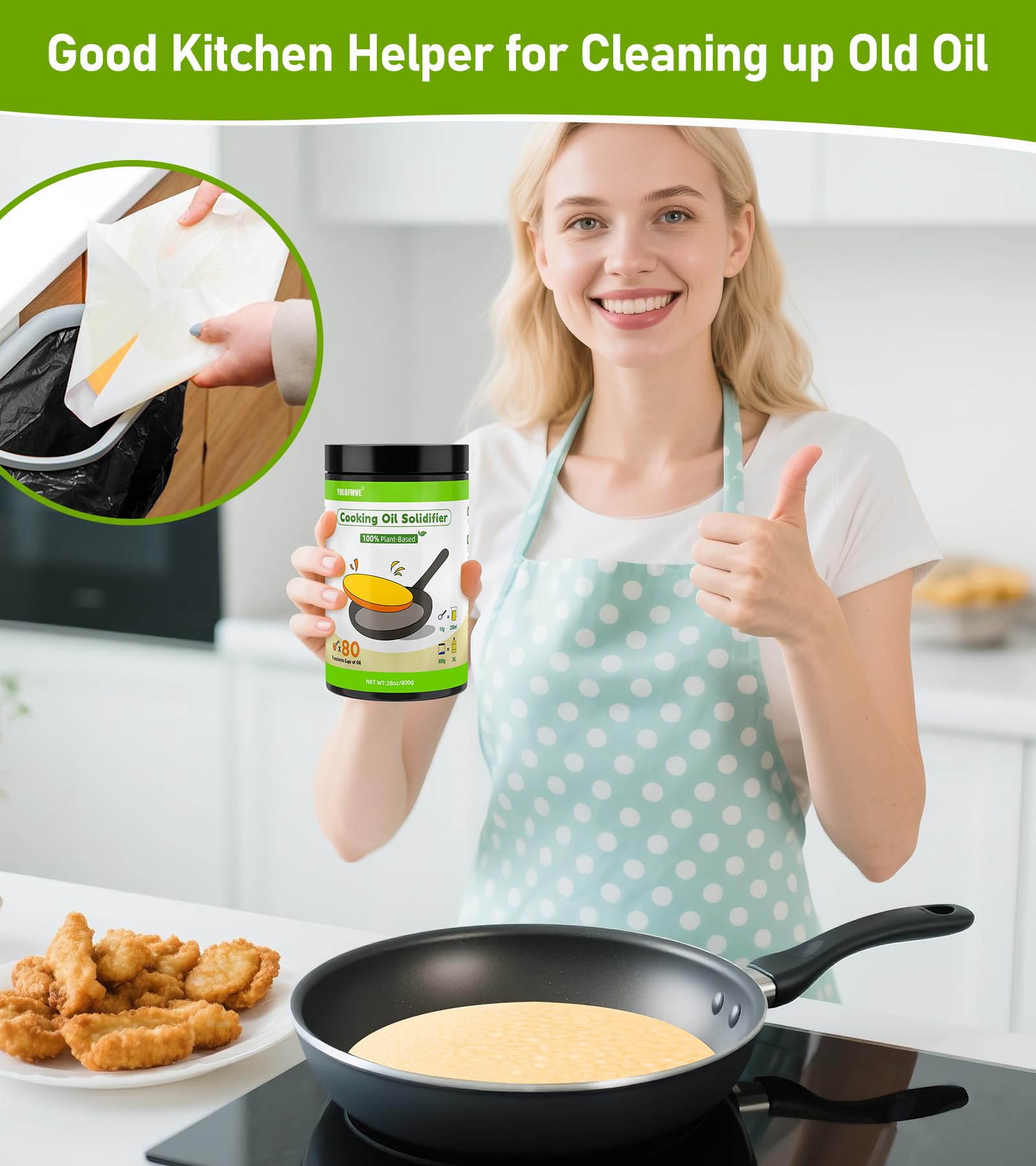 Cooking Oil Solidifier Powder, Solidifies Up to 80 Cups from Mess, 100% Plant-Based Used Oil Solidifying Powder, Grease Hardener Disposal for Kitchen