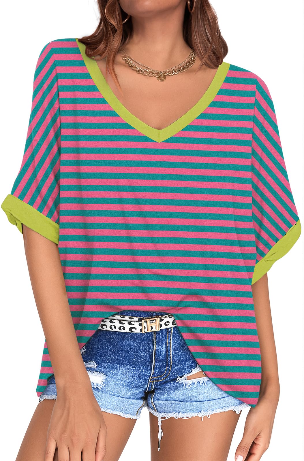 UEU Women's Oversized V Neck T-Shirt Casual Loose Tunic Tops | Soft Lightweight Fabric, Loose Fit Rolled Sleeve, Basic Tops Workout Gym Tee Shirt