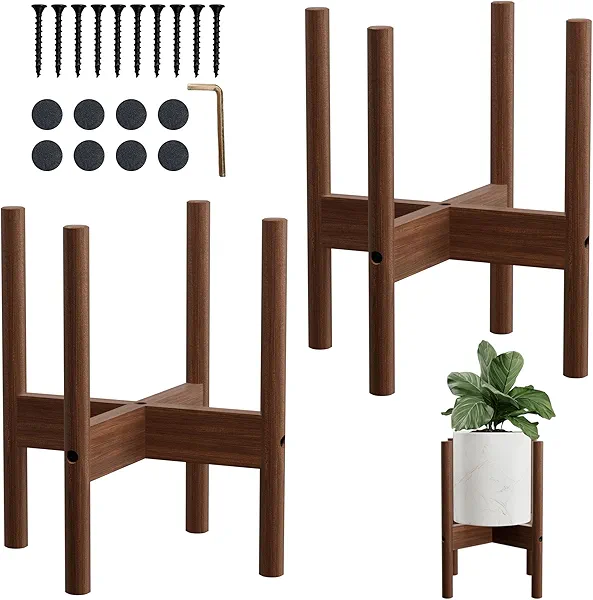 ALIGADO 2 Pack Bamboo Plant Stands Indoor, for Up to 10 Inch Pots, Built to Fit Corners, Sturdy & Stable Design, Walnut Finish