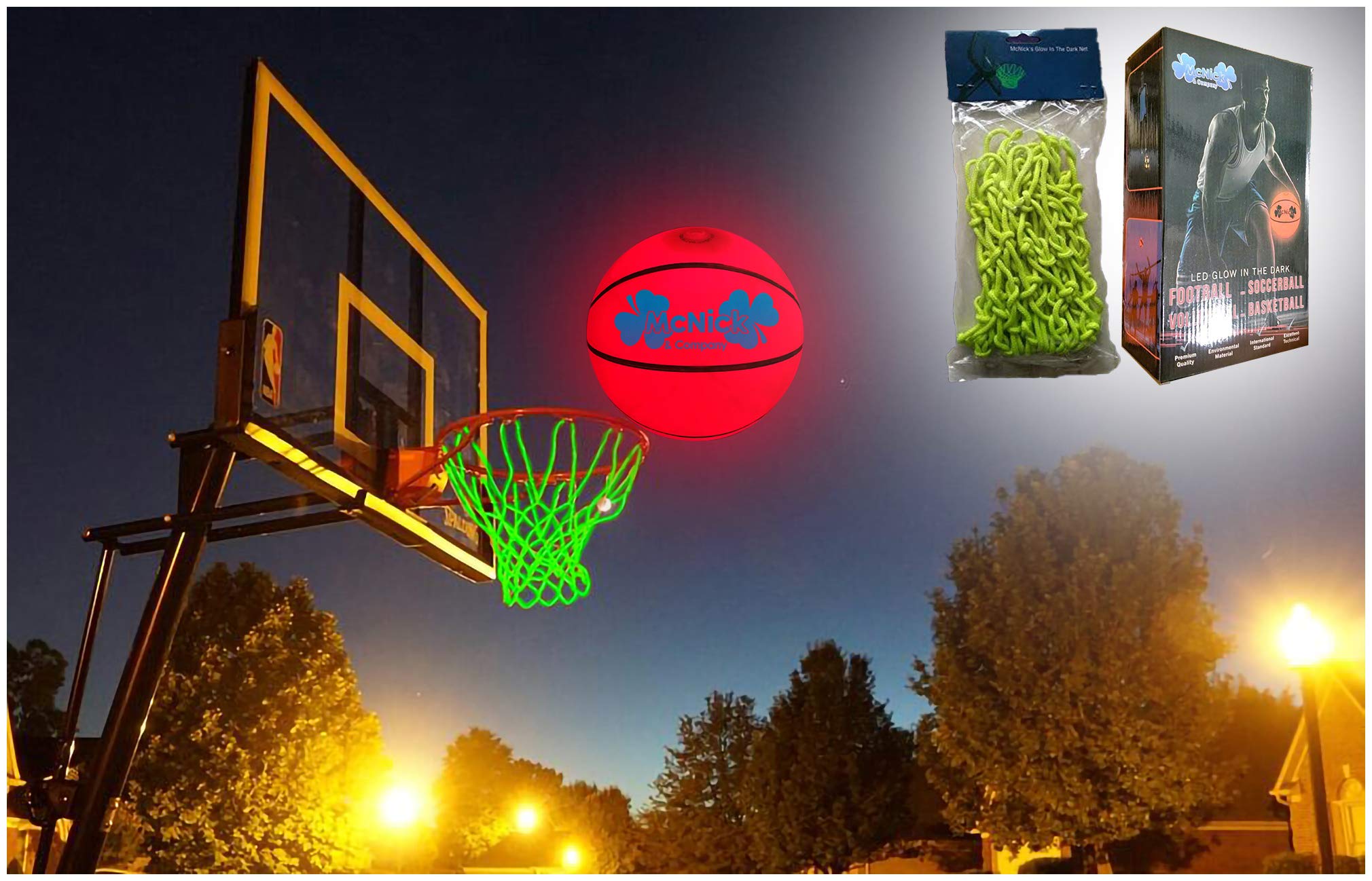 MCNICK & COMPANY Glow in The Dark Basketball Net Hoop - LED Lighted Smart Basketball Goal with Glowing Hoop Net - Nightime Light Up Glow Hoop Outdoor - Heavy Duty Basketball Air Pump Included