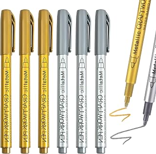 6 Metallic Marker Pens, Gold Silver Permanent Acrylic Paint Pens 1.5mm Tip Water Based Ink Glittering Drawing Pens Waterproof Gloss Art Marker Pens for Rock Glass Fabric Crafts Signature Scrapbooking
