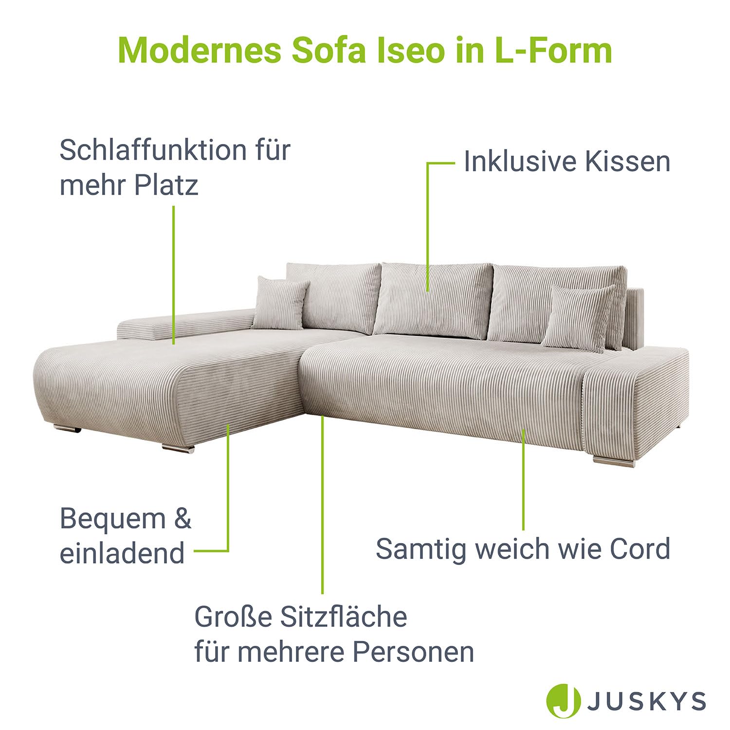 Juskys Sofa Iseo Links mit Schlaffunktion - Stoff Couch L Form für Wohnzimmer, bequem, ausziehbar - Schlafsofa Ecksofa Eckcouch Schlafcouch Beige