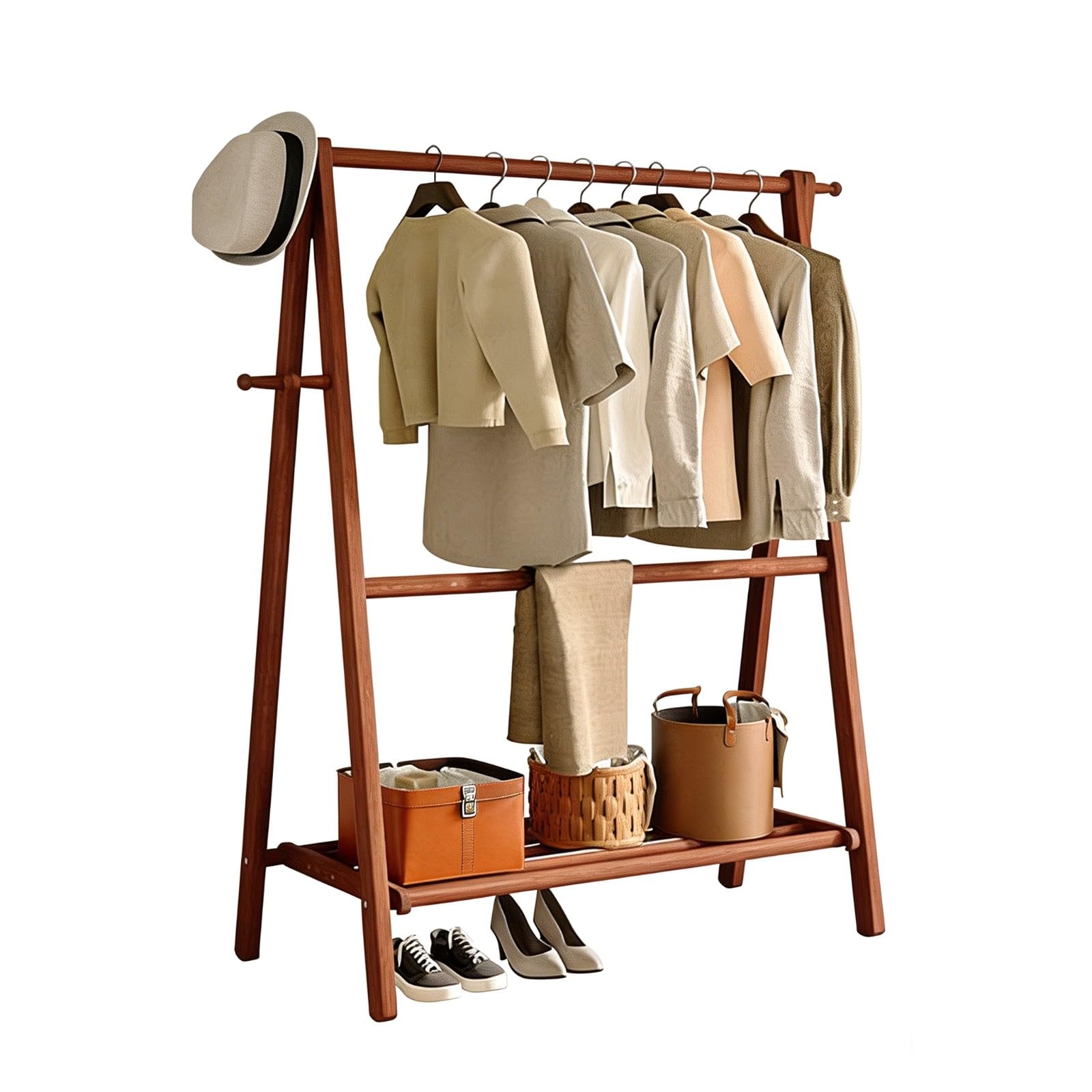 Bananaww Bamboo Clothes Rail, Freestanding Garment Rack with Shoe Cupboard, Top Shelf, Side Hooks for Entryway, Hall, Foyer, Mudroom and Bedroom