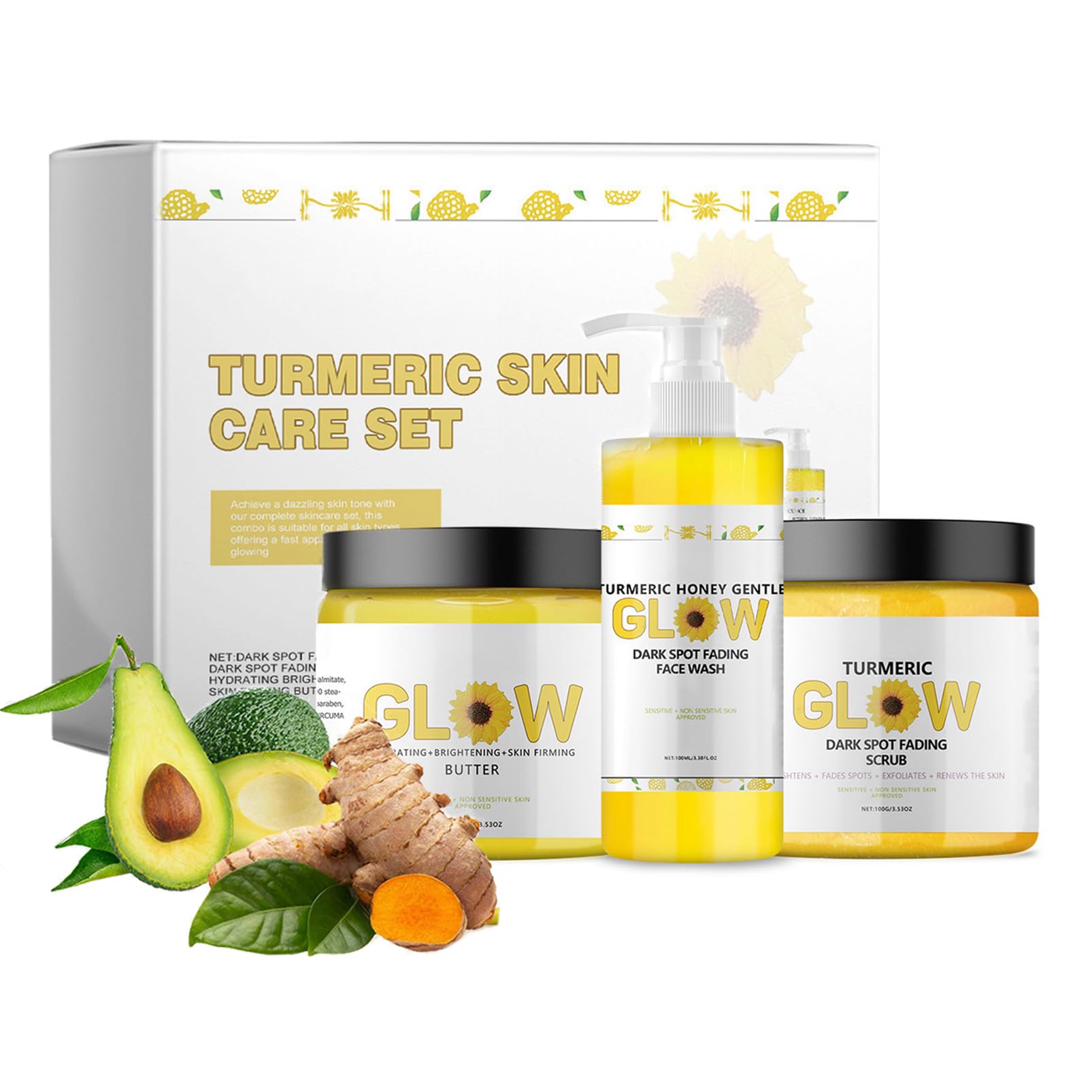 Turmeric Skincare Set, 3 In 1 Turmeric Glowing Skin Care Set，Beauty Gift Sets with Turmeric Glow Face Was,Scrub,Butter,Dark Spot Corrector Remover,Anti Aging,Firming,Facial Kits for Women