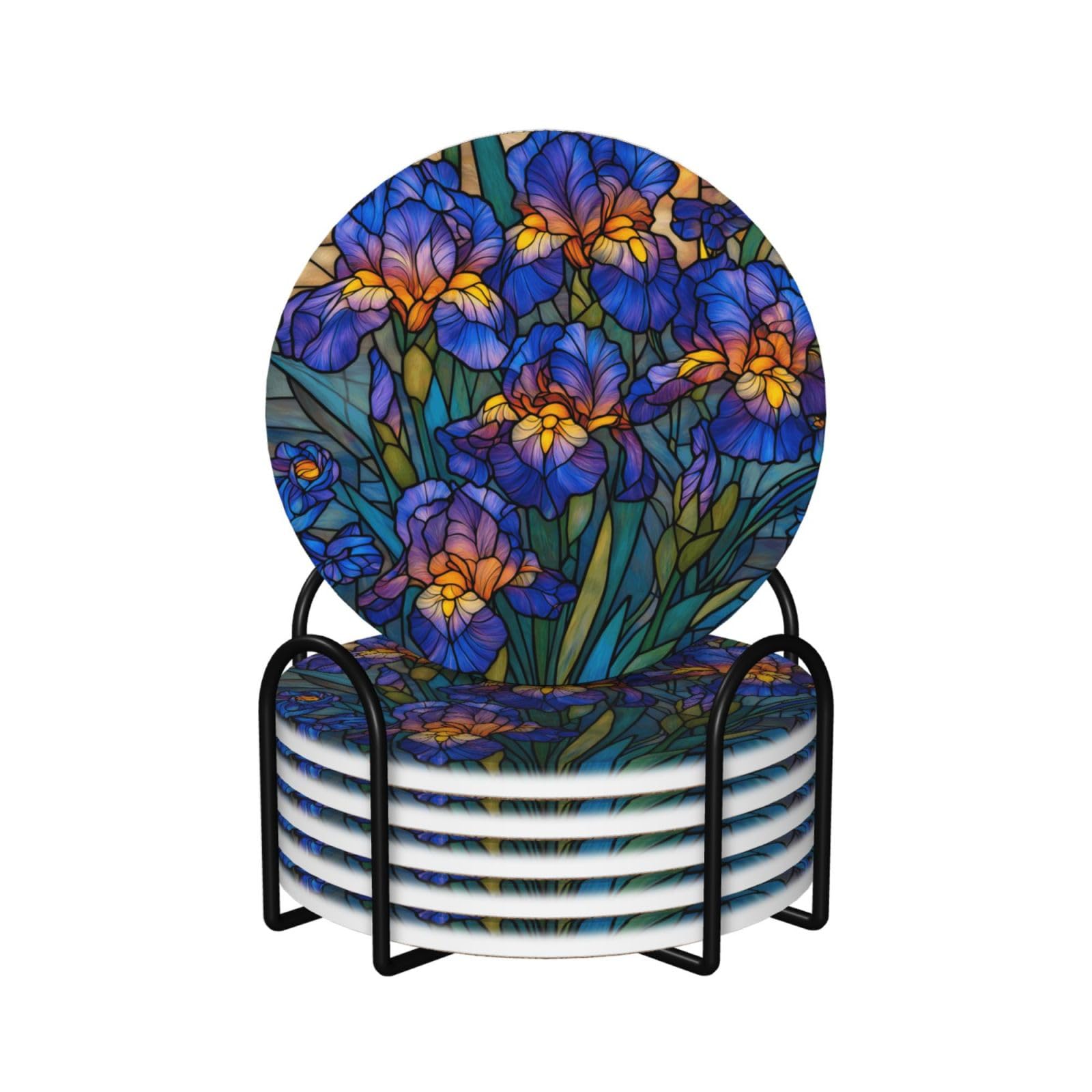 Stained Glass Large Bouquet of Irises Ceramic Coasters with Holder 6ps