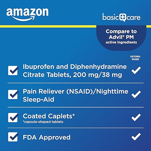 Miniatura 9 de Ibuprofeno PM de Tienda Basic Care, ibuprofeno 200 mg y citrato de difenhidramina 38 mg Tabletas, analgésico y somnífero nocturno para conciliar el